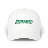 Redeemed Embroidered Dad Cap — White Baseball Hat with Green Script