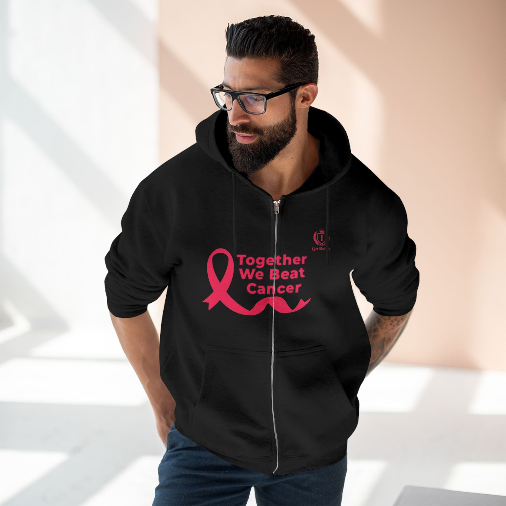 Breast Cancer Awareness Zip Hoodie — "Together We Beat Cancer" Pink Ribbon