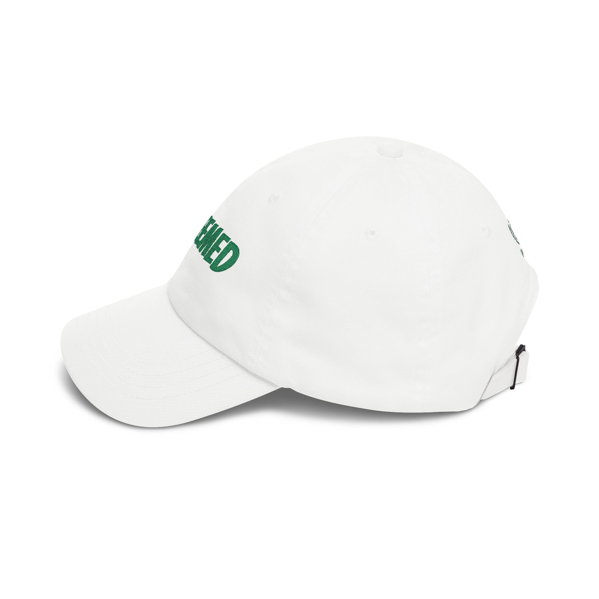 Redeemed Embroidered Dad Cap — White Baseball Hat with Green Script