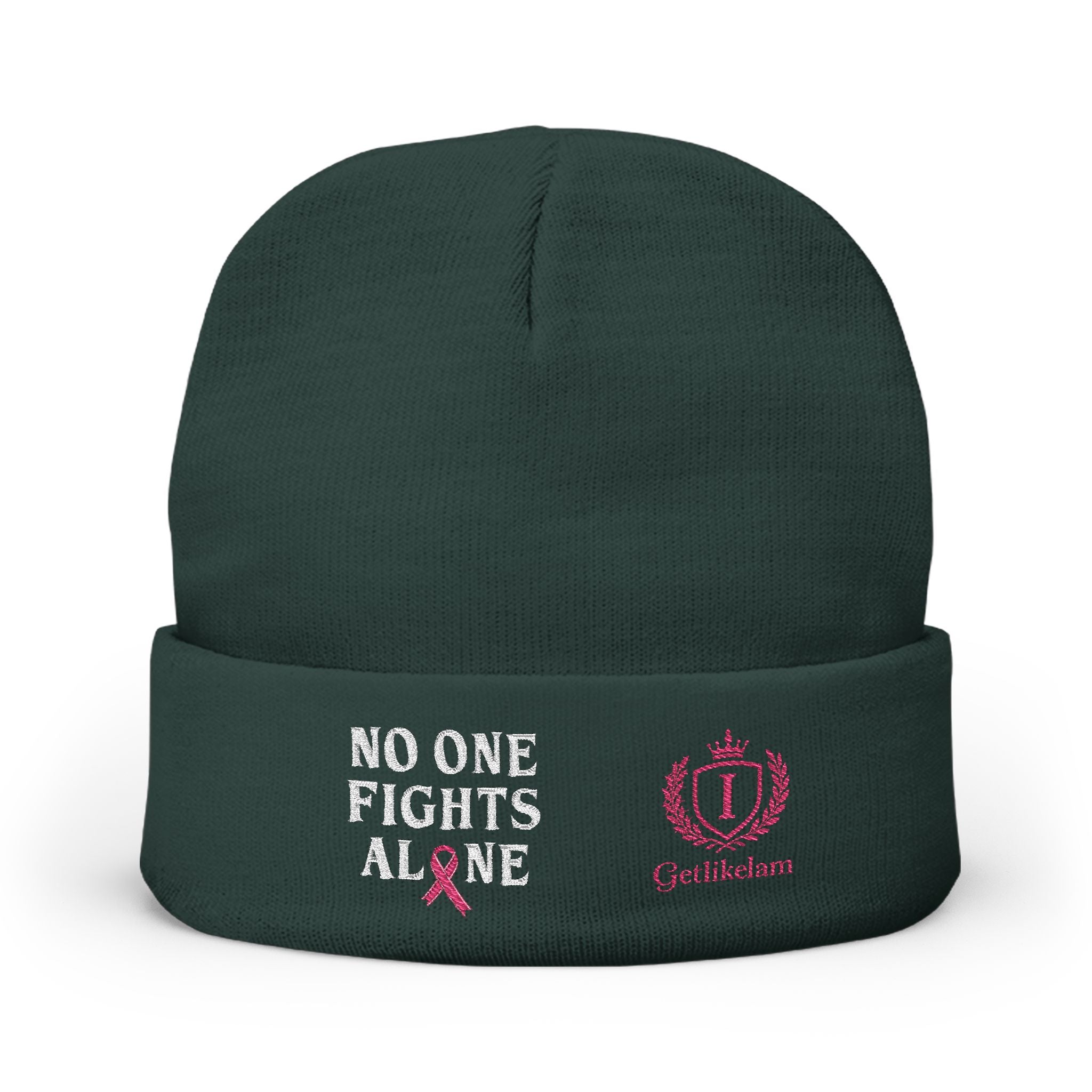 Beanie — "No One Fights Alone" Embroidered Cancer Awareness Knit Cap