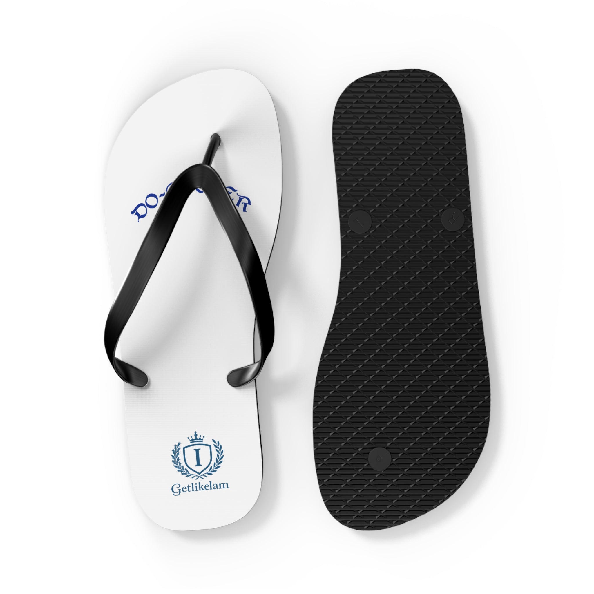 Personalized White Flip Flops with Blue Crest Logo – Custom Pool & Beach Sandals
