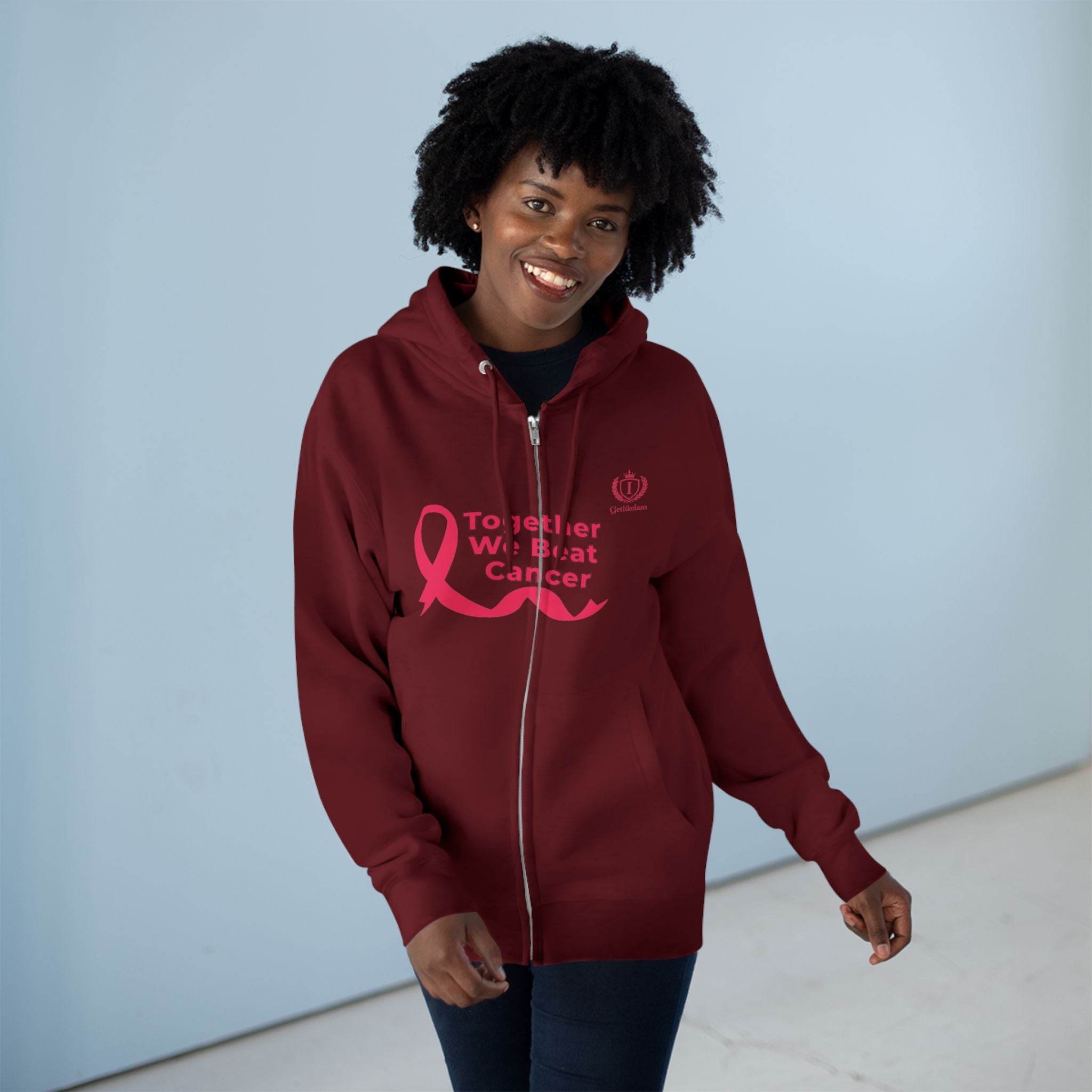 Breast Cancer Awareness Zip Hoodie — "Together We Beat Cancer" Pink Ribbon