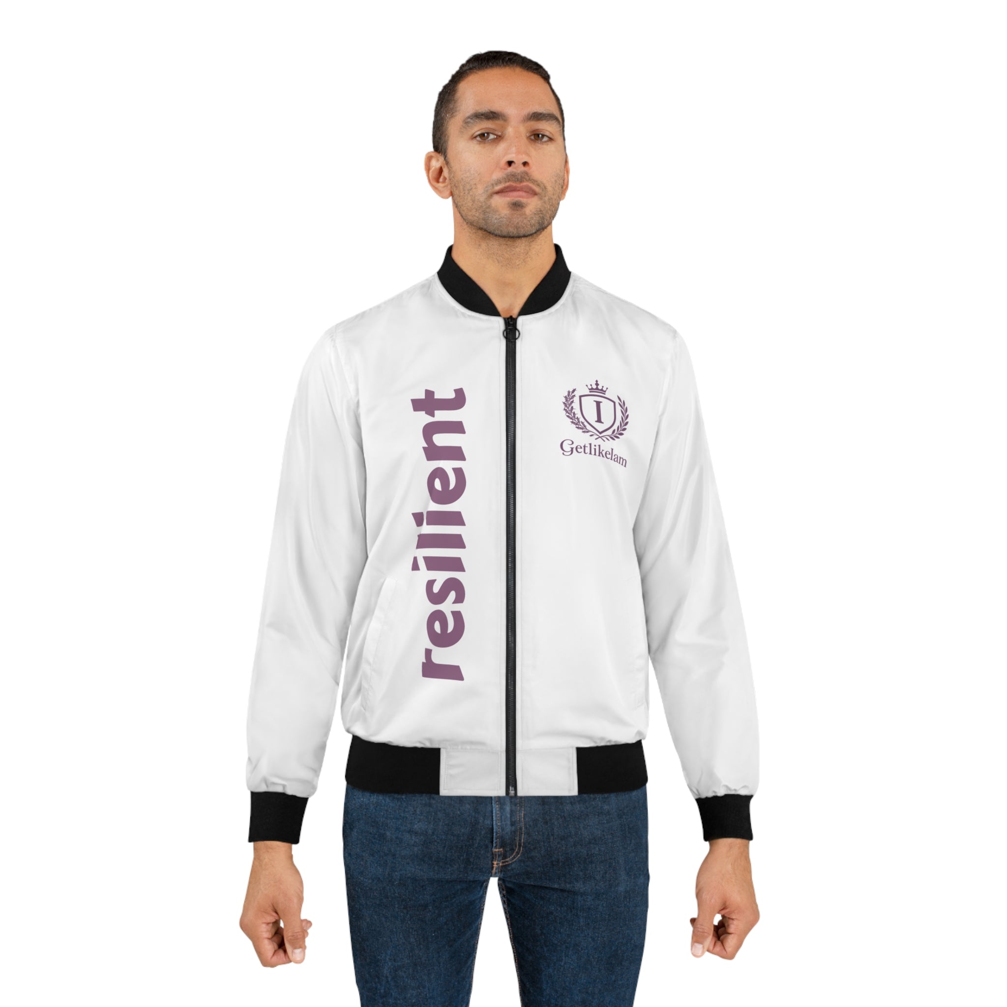 Bomber Jacket — White resilient Embroidered Logo Streetwear