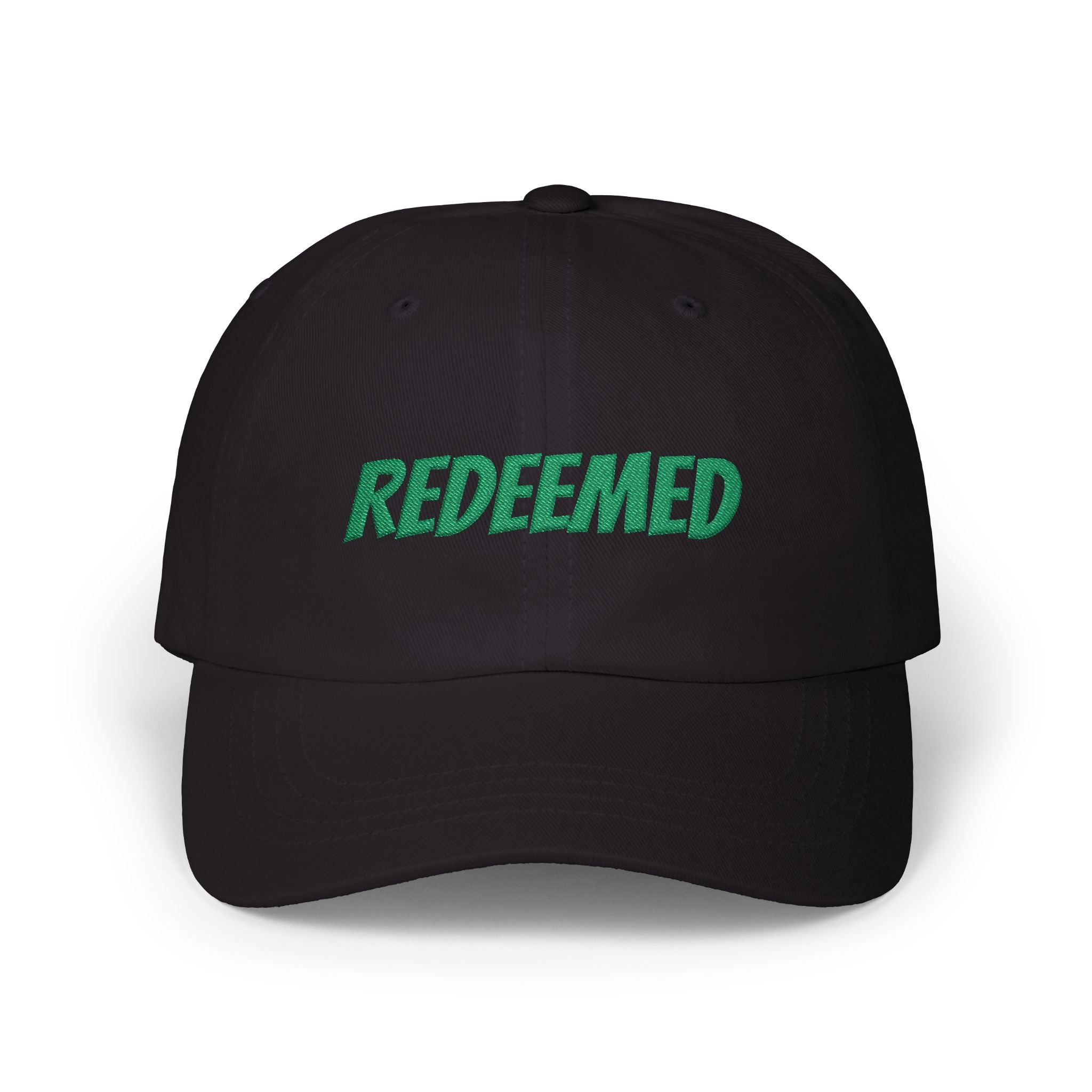 Redeemed Embroidered Dad Cap — White Baseball Hat with Green Script