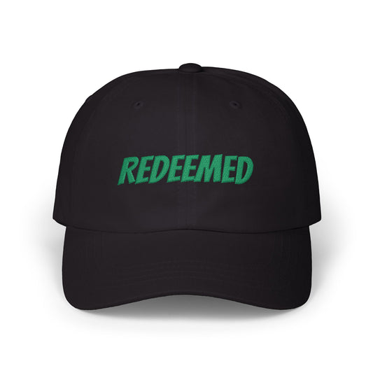 Redeemed Embroidered Dad Cap — White Baseball Hat with Green Script