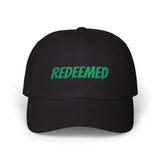 Redeemed Embroidered Dad Cap — White Baseball Hat with Green Script