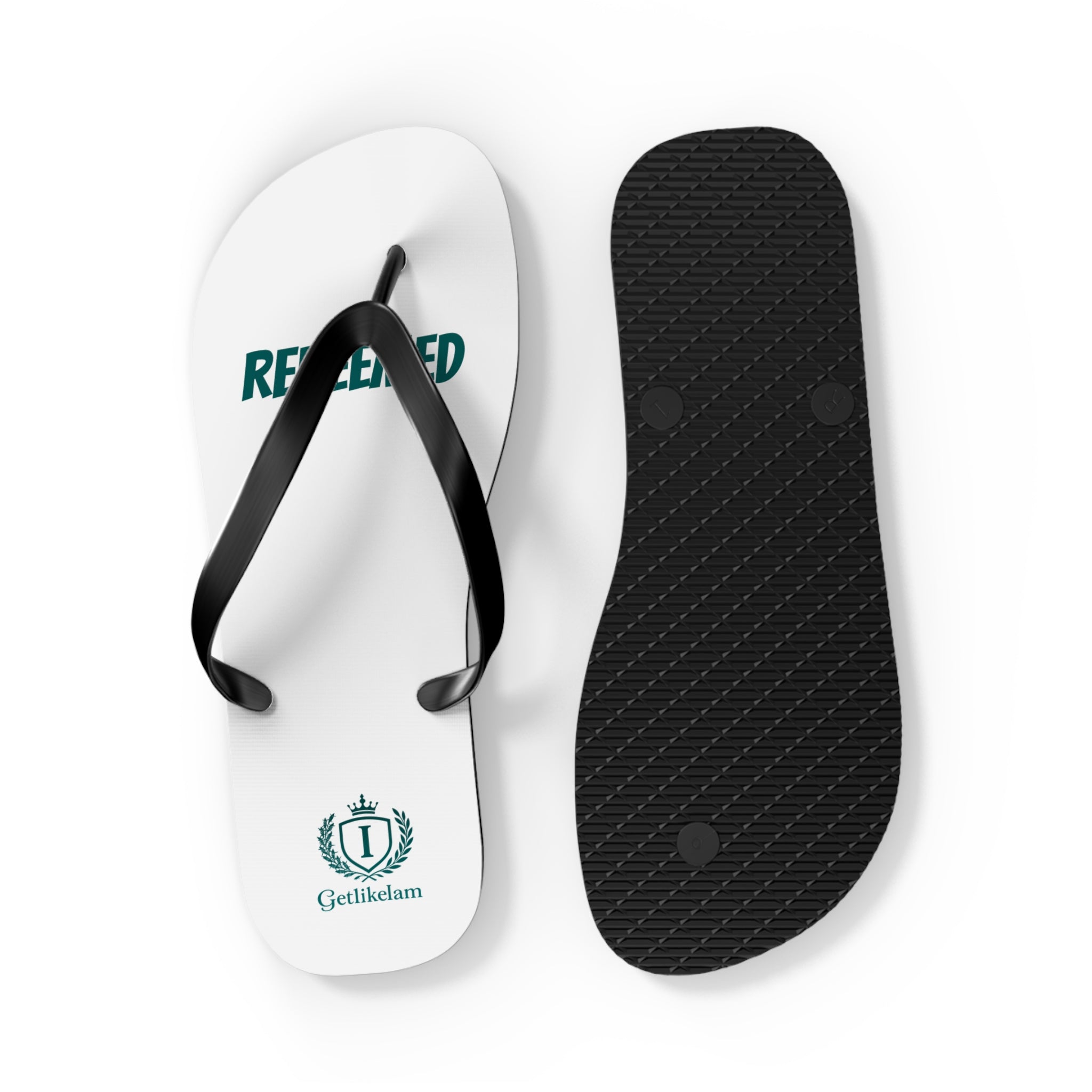 Redeemed Flip Flops — Christian Faith Beach Sandals with Crest Logo
