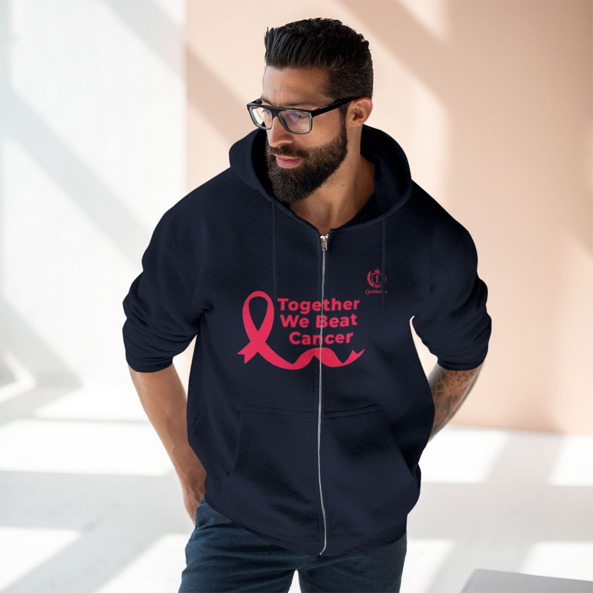 Breast Cancer Awareness Zip Hoodie — "Together We Beat Cancer" Pink Ribbon