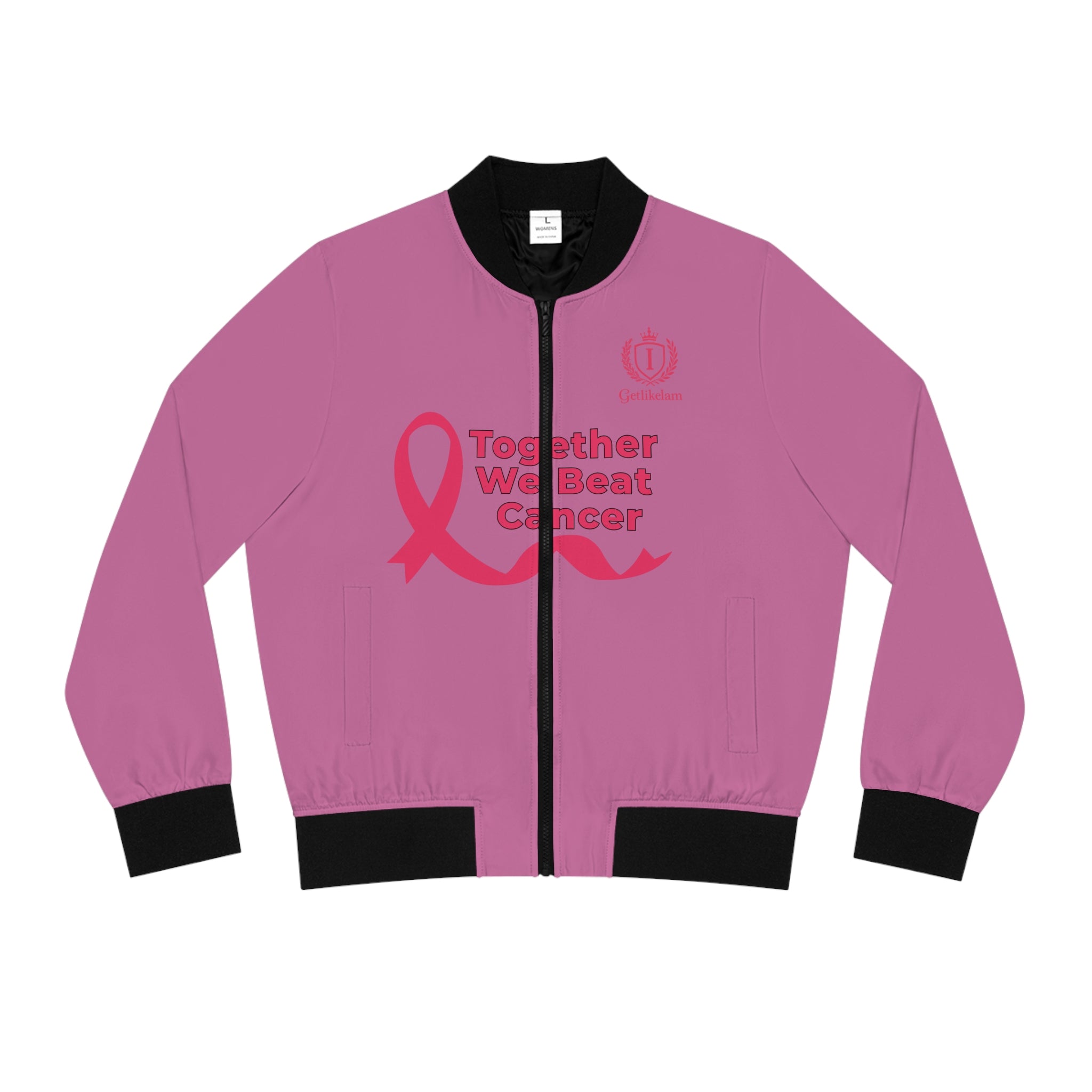 Cancer Awareness Women's Bomber Jacket - "Together We Beat Cancer" Pink Ribbon