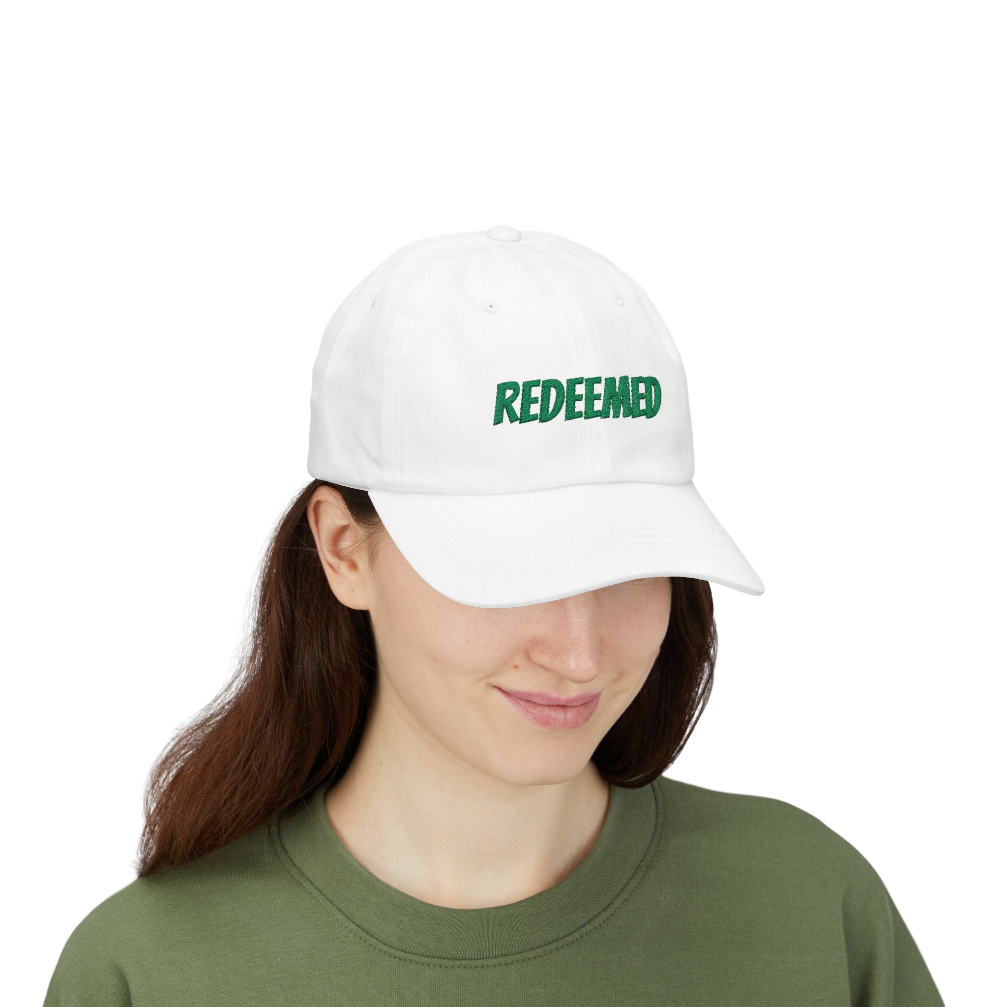 Redeemed Embroidered Dad Cap — White Baseball Hat with Green Script