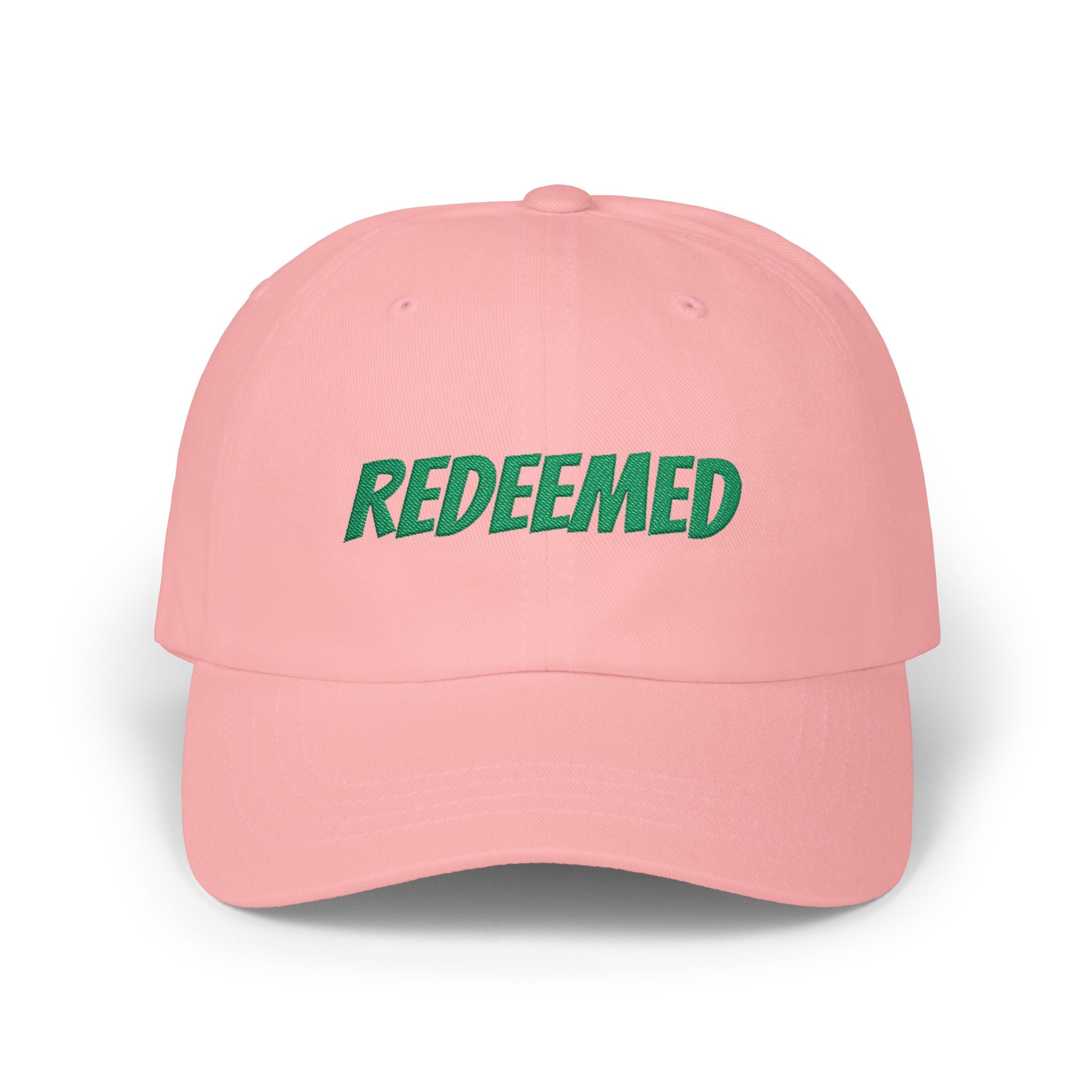 Redeemed Embroidered Dad Cap — White Baseball Hat with Green Script