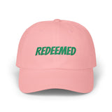 Redeemed Embroidered Dad Cap — White Baseball Hat with Green Script