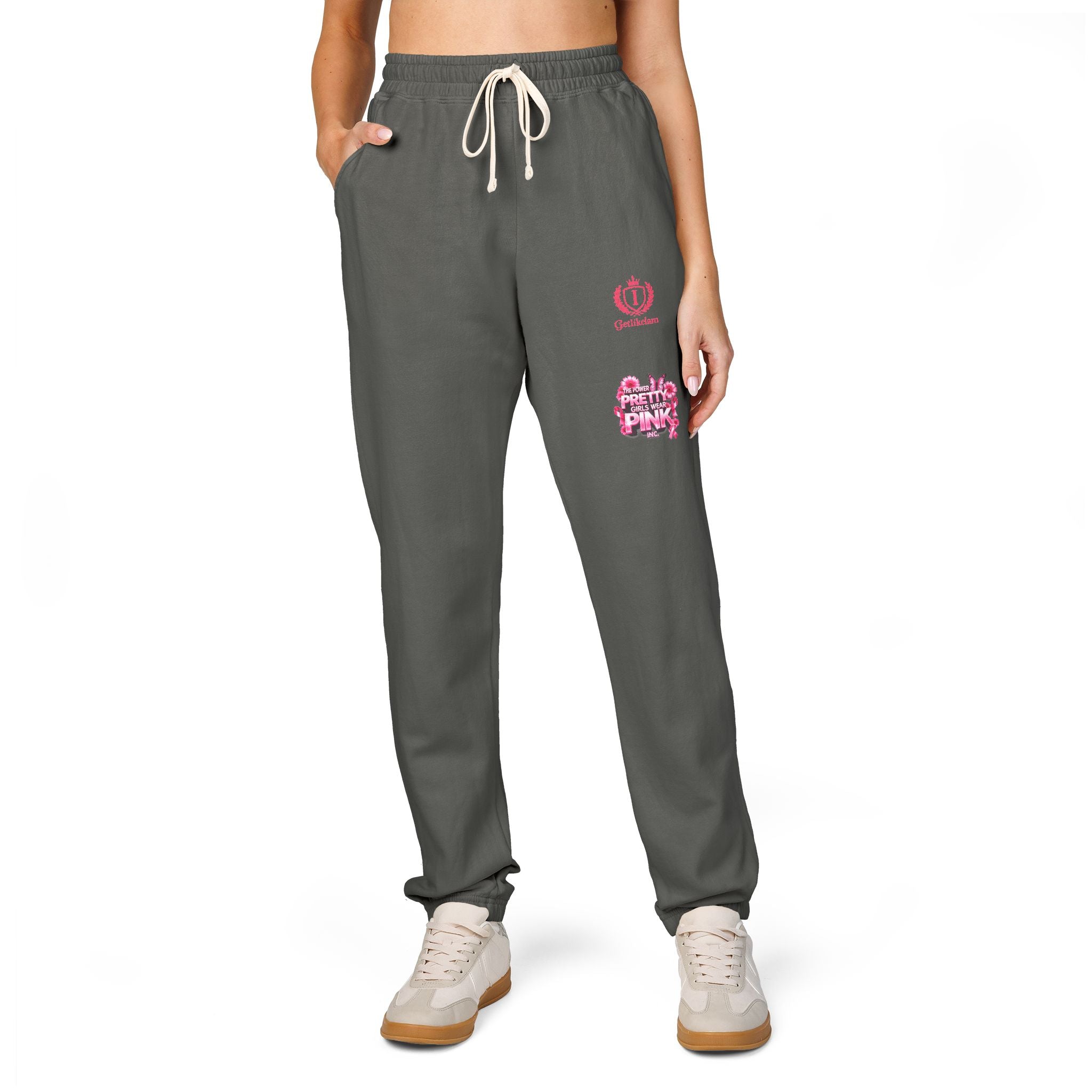 Embroidered Pink Floral Logo Sweatpants — Garment-Dyed Fleece Joggers