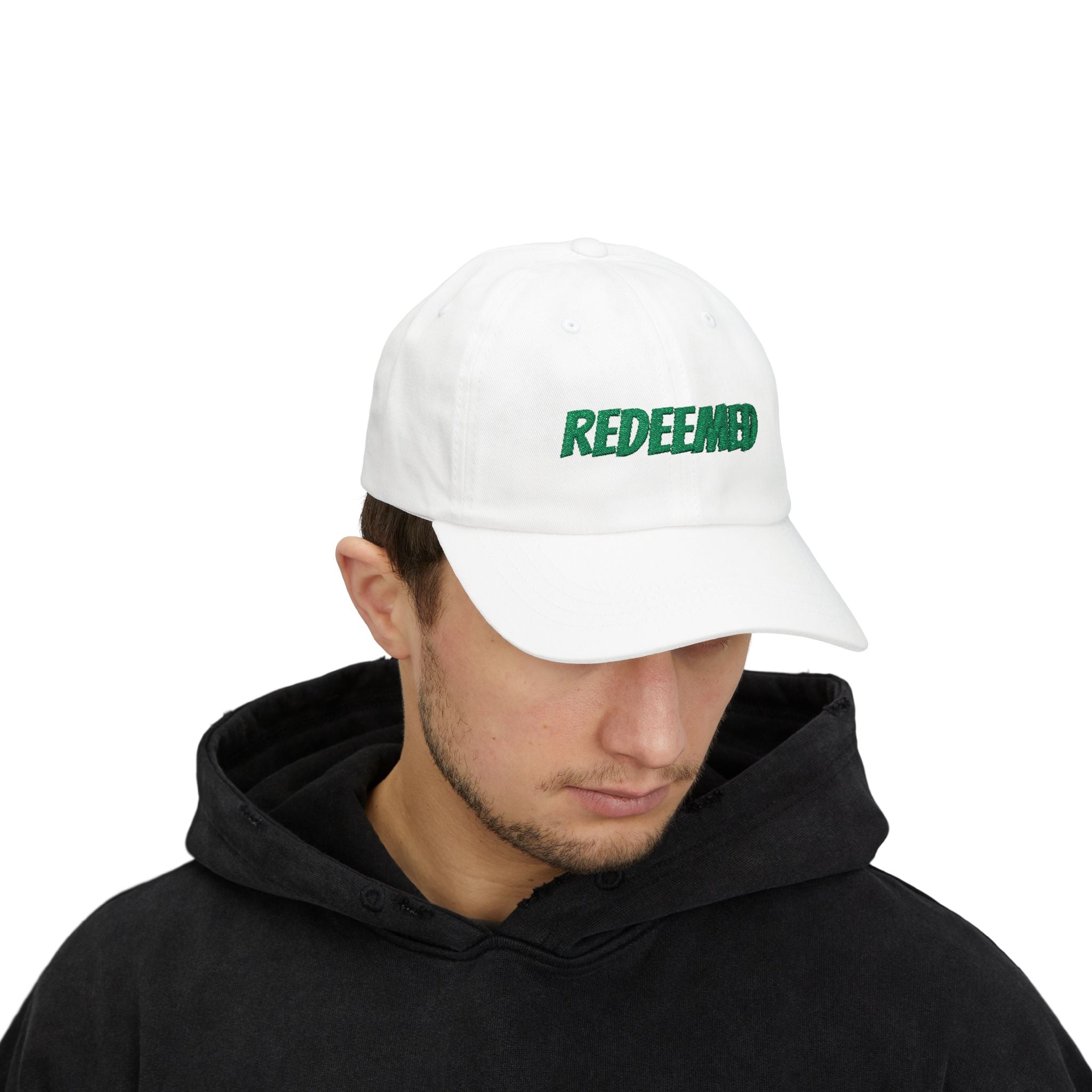 Redeemed Embroidered Dad Cap — White Baseball Hat with Green Script
