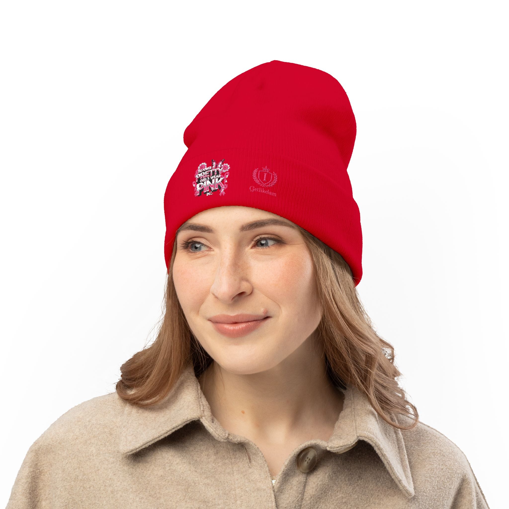 Embroidered Knit Beanie — "Pretty Girls Wear Pink" Unisex Beanie