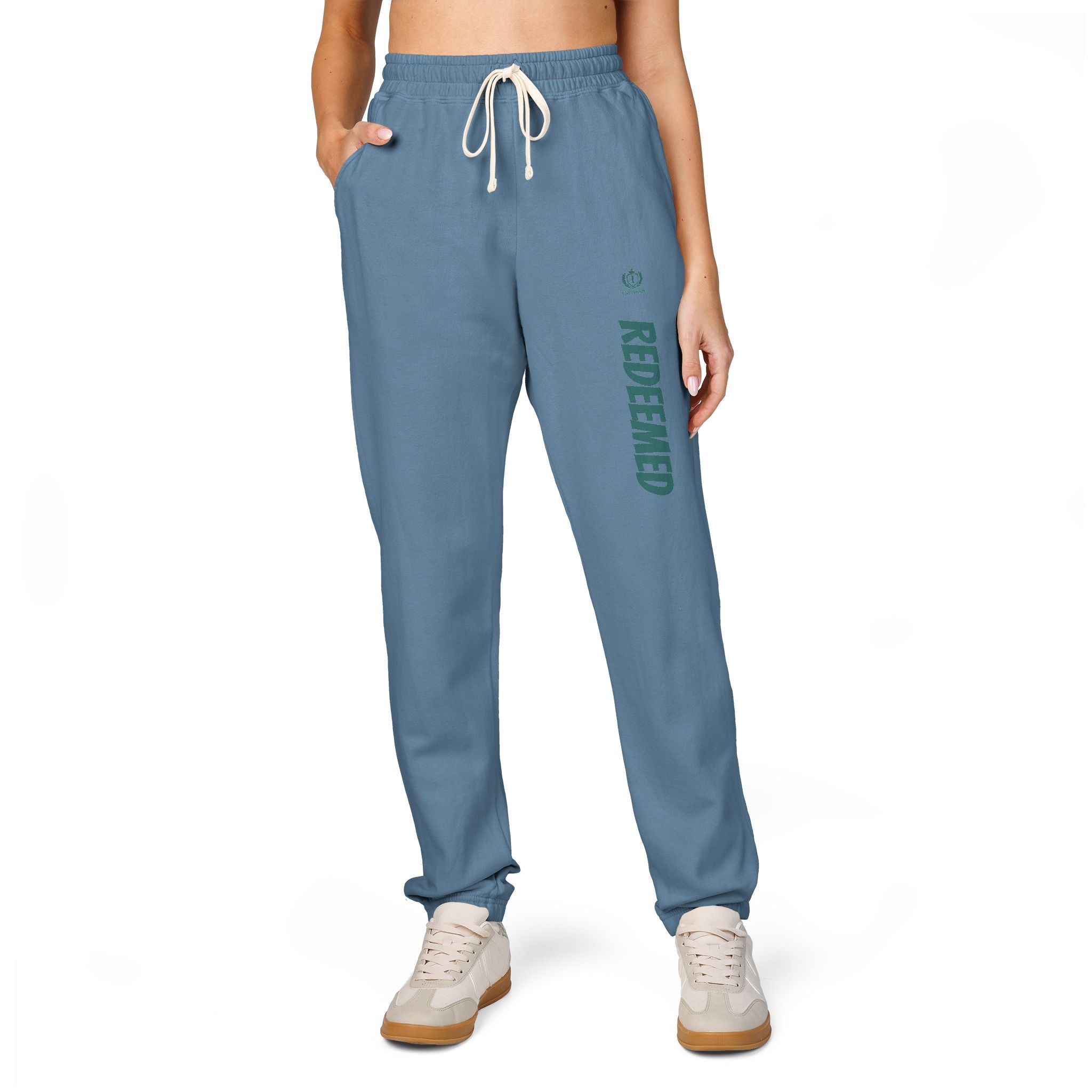 Cream 'Roosevelt' Vertical Logo Sweatpants — Cozy Garment-Dyed Fleece