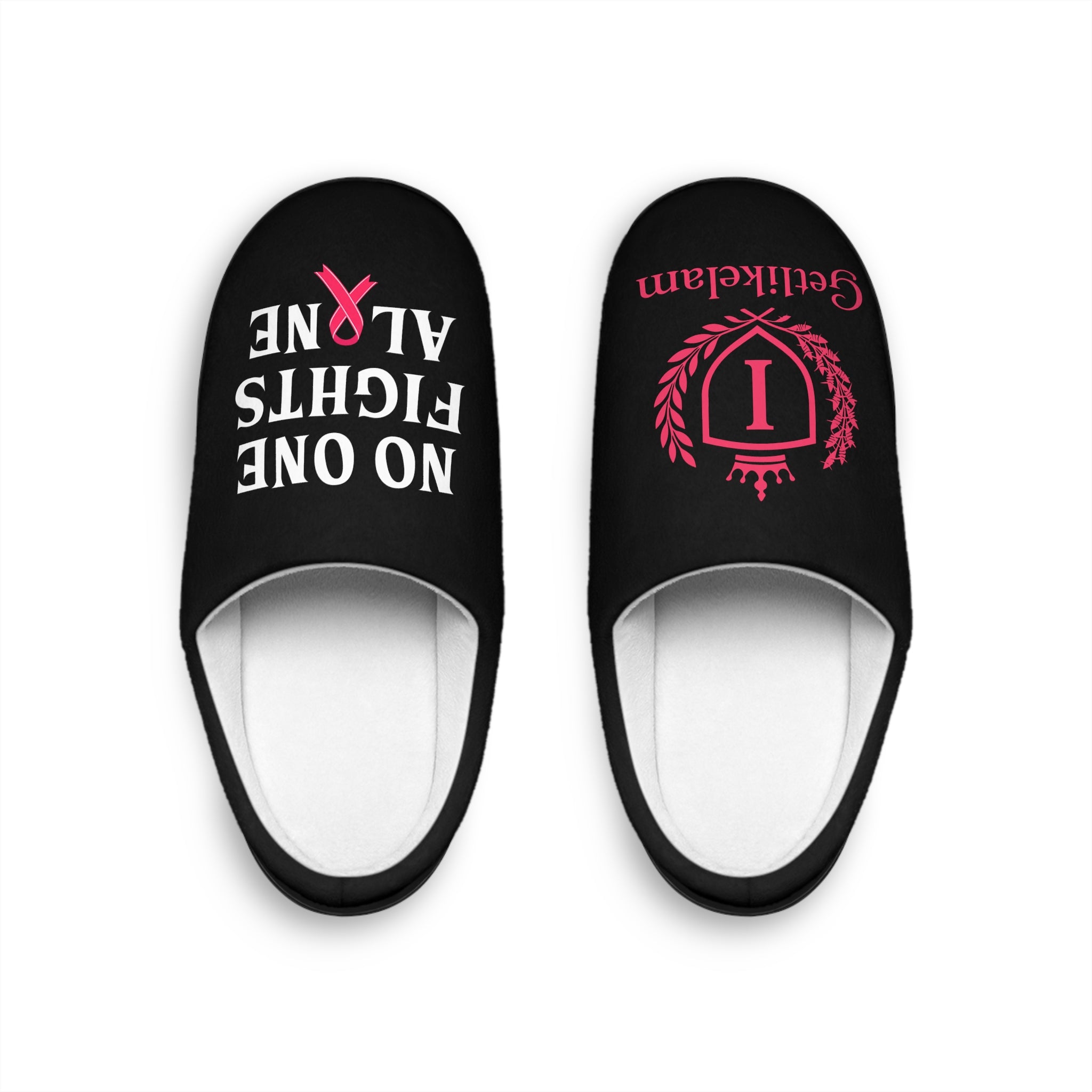 No One Fights Alone Women’s Indoor Slippers — Cancer Awareness Pink Ribbon Comfort