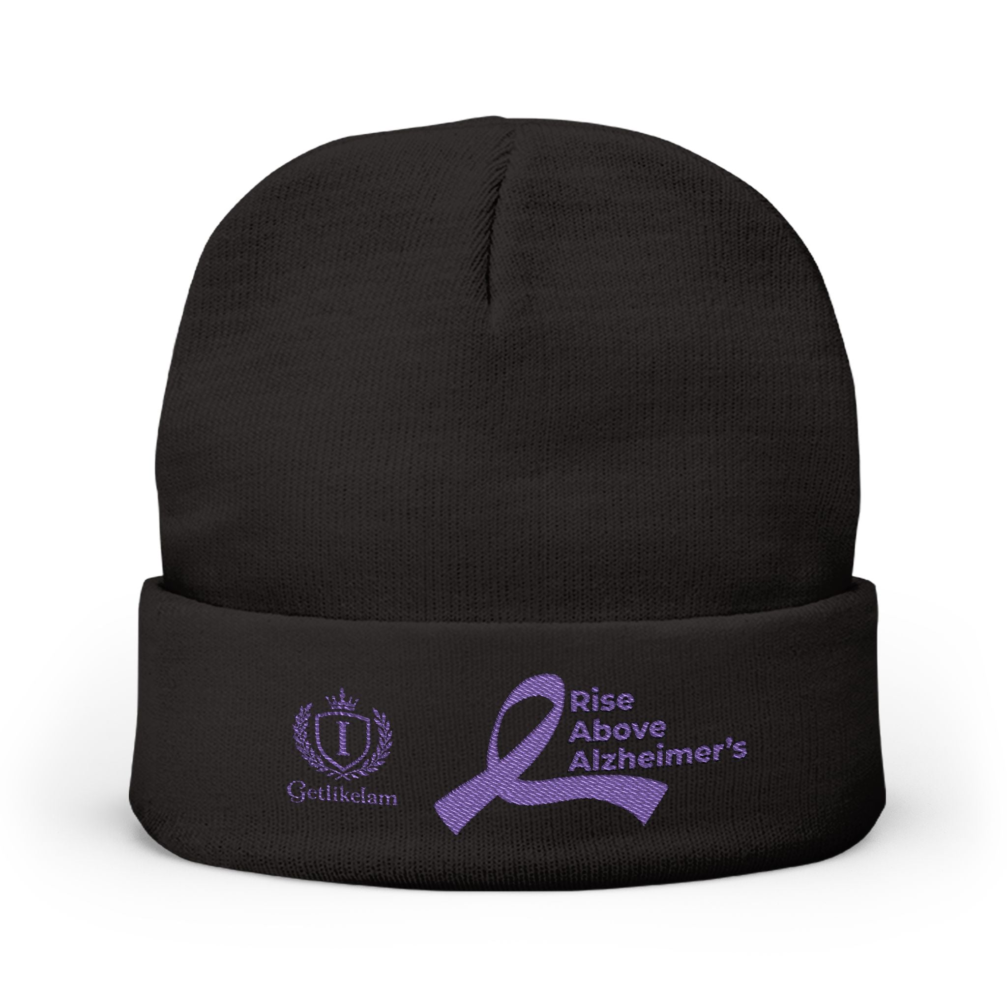Alzheimer's Awareness Knit Beanie - Purple Ribbon Embroidered
