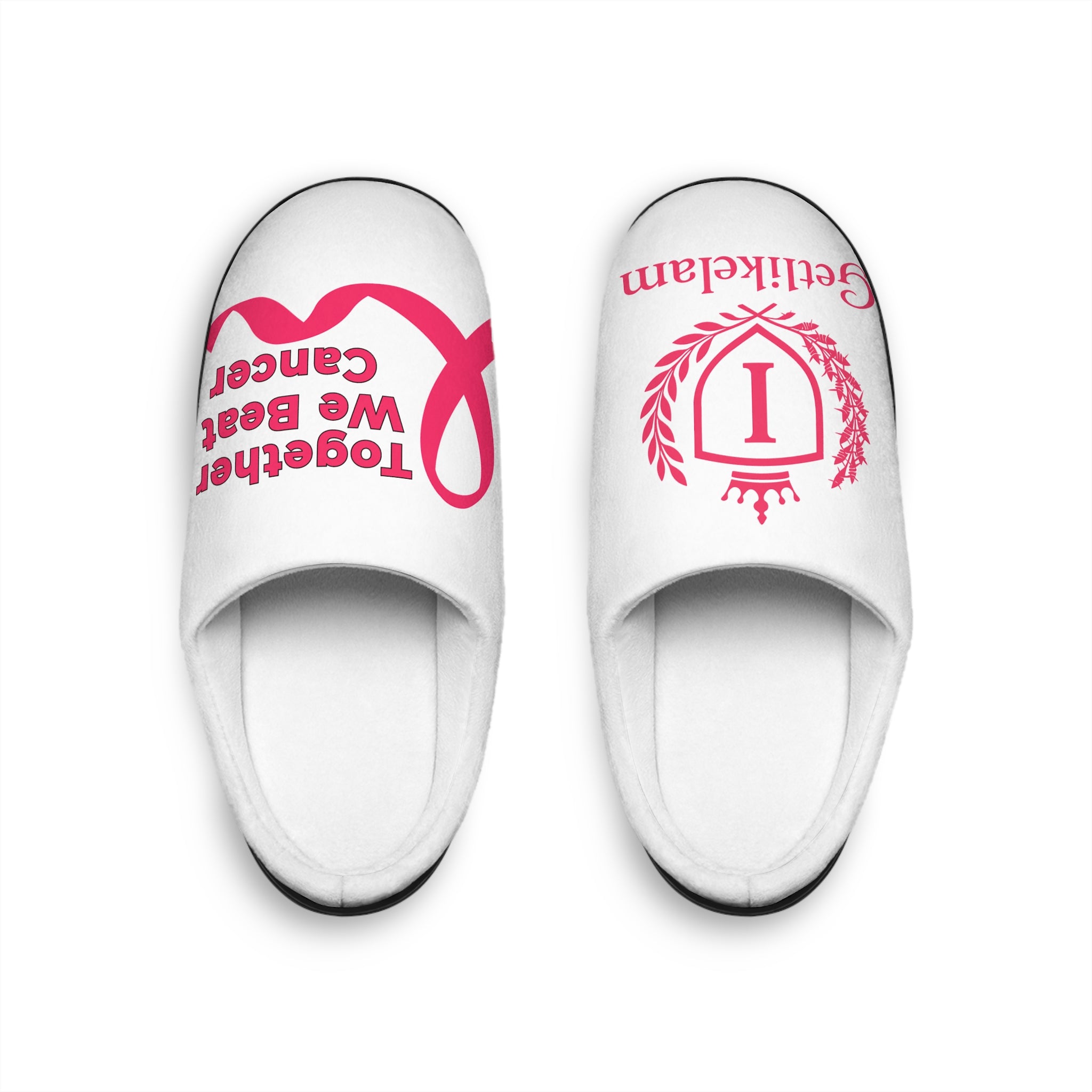 Unisex Indoor Slippers — Soft White Home Slides with 'Together We Beat Cancer' Script