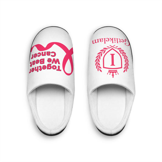 Unisex Indoor Slippers — Soft White Home Slides with 'Together We Beat Cancer' Script