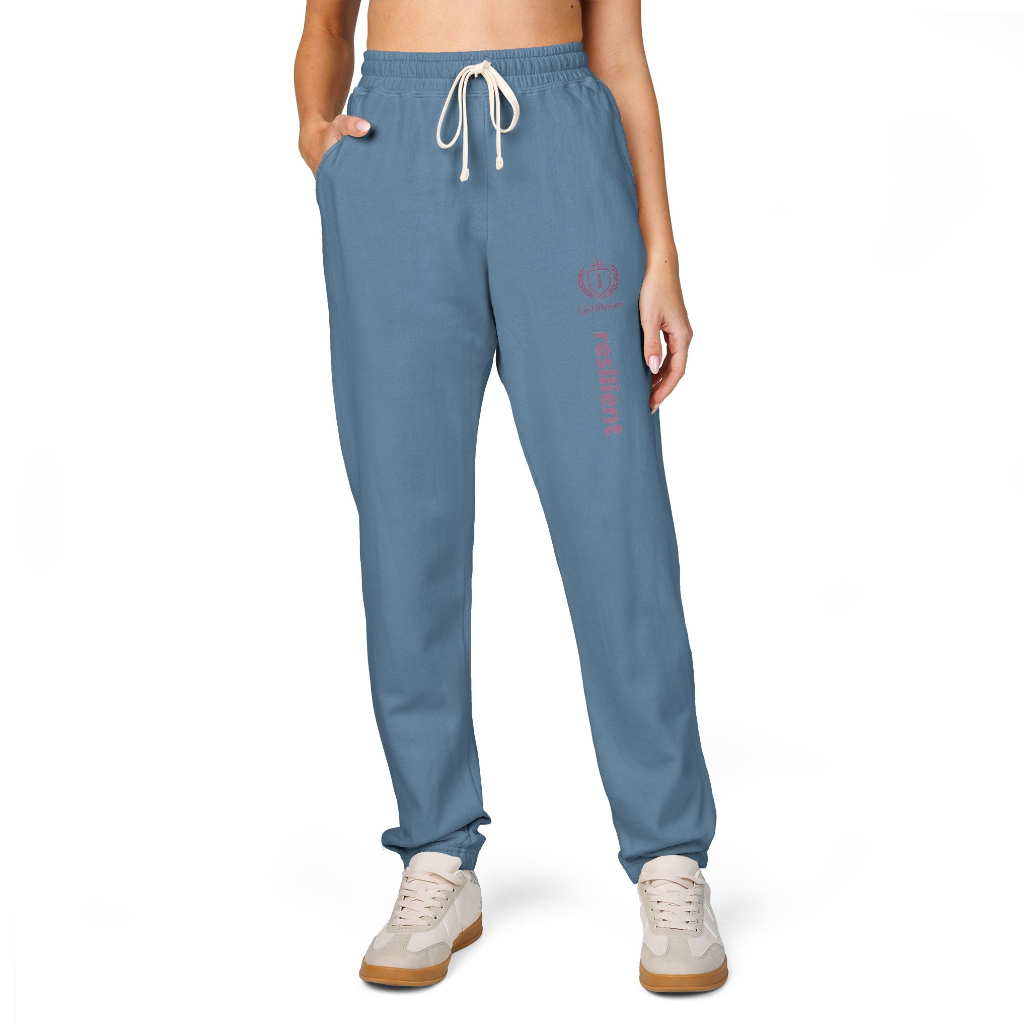 Ember Lotus Sweatpants — Garment-Dyed Fleece Joggers with ‘Namaste’ Vertical Print