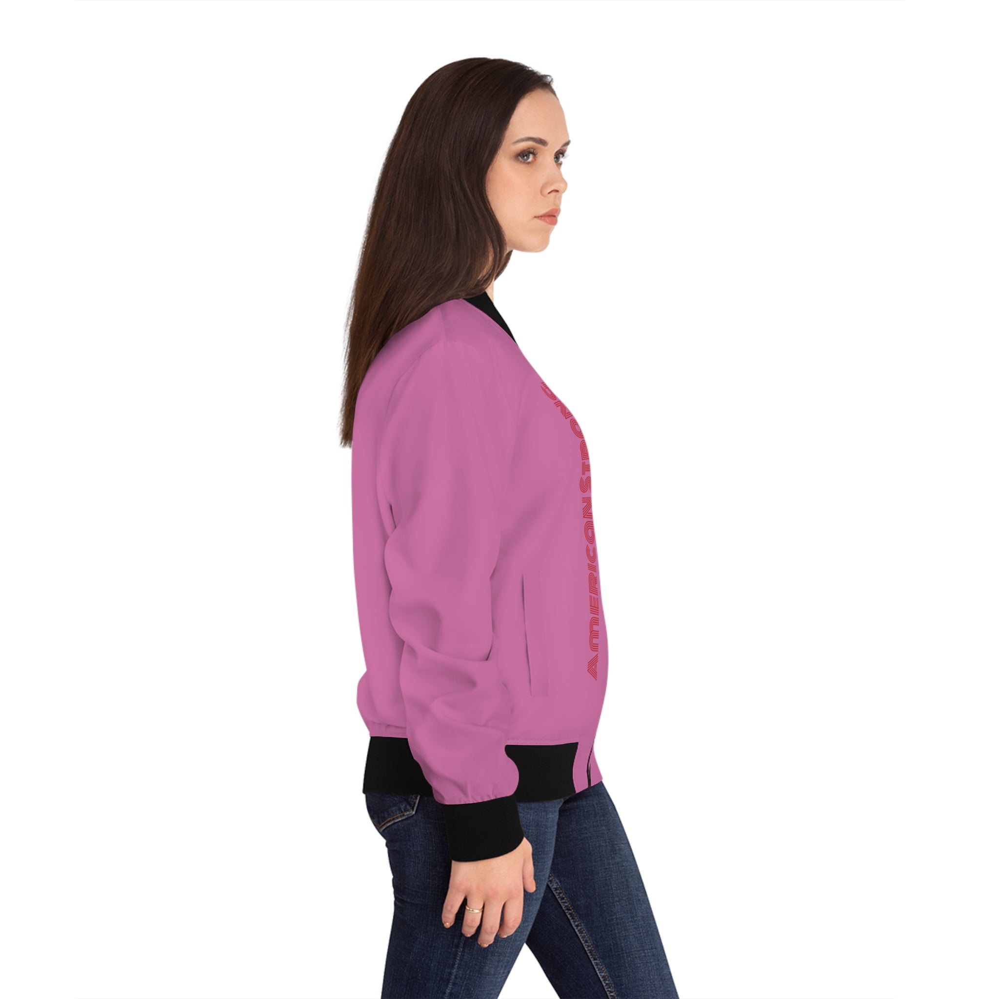 Strong American Women's Bomber Jacket - Patriotic Pink AOP