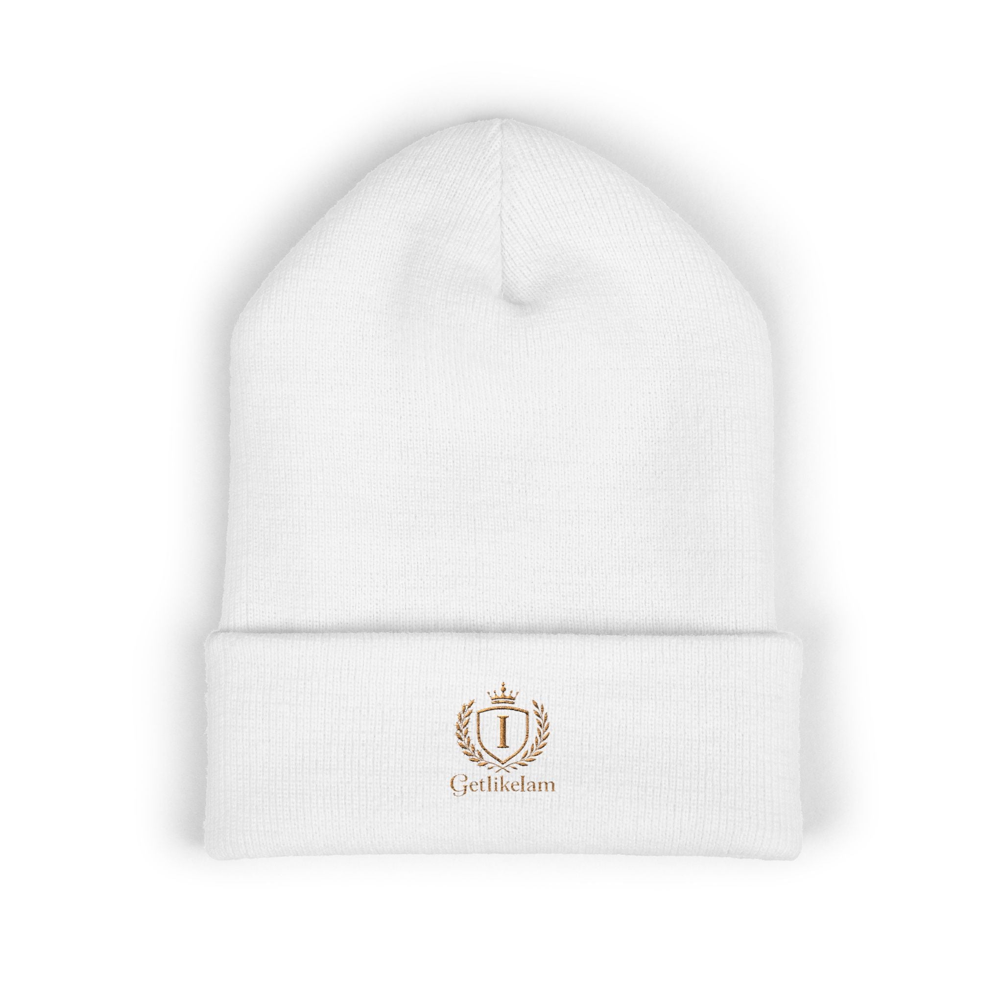 Embroidered Crest Cuffed Beanie — Classic White Knit Hat
