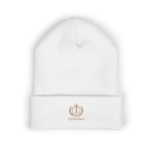 Embroidered Crest Cuffed Beanie — Classic White Knit Hat