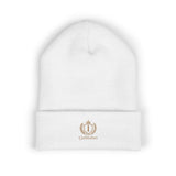 Embroidered Crest Cuffed Beanie — Classic White Knit Hat