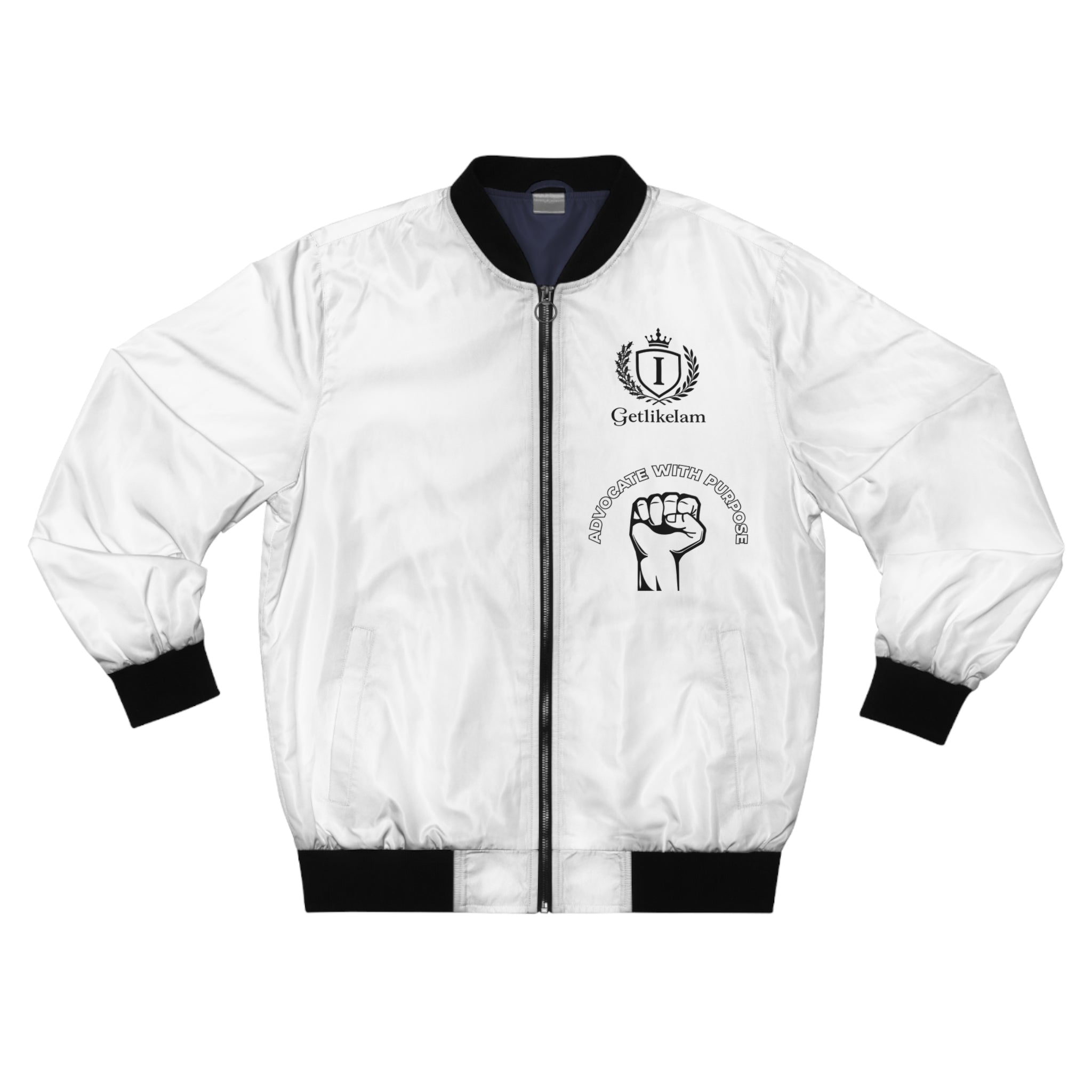 White Bomber Jacket with Raised Fist Graphic — Solidarity Streetwear