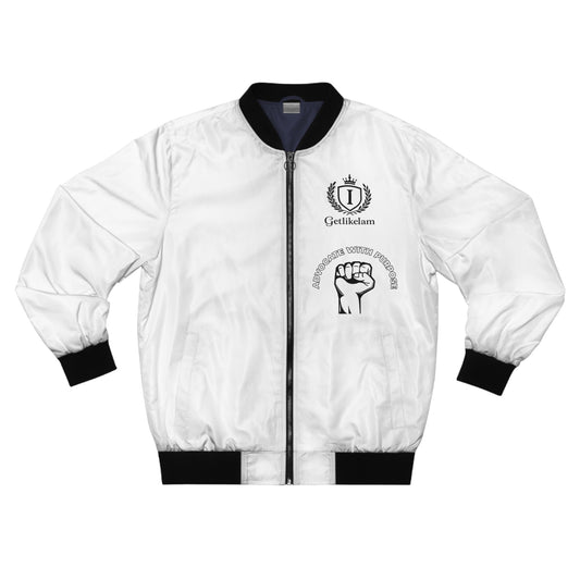 White Bomber Jacket with Raised Fist Graphic — Solidarity Streetwear