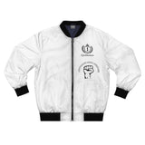 White Bomber Jacket with Raised Fist Graphic — Solidarity Streetwear