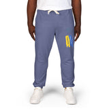 Emblem Brushstroke Sweatpants — Cozy Fleece Joggers with Yellow & Blue Accent