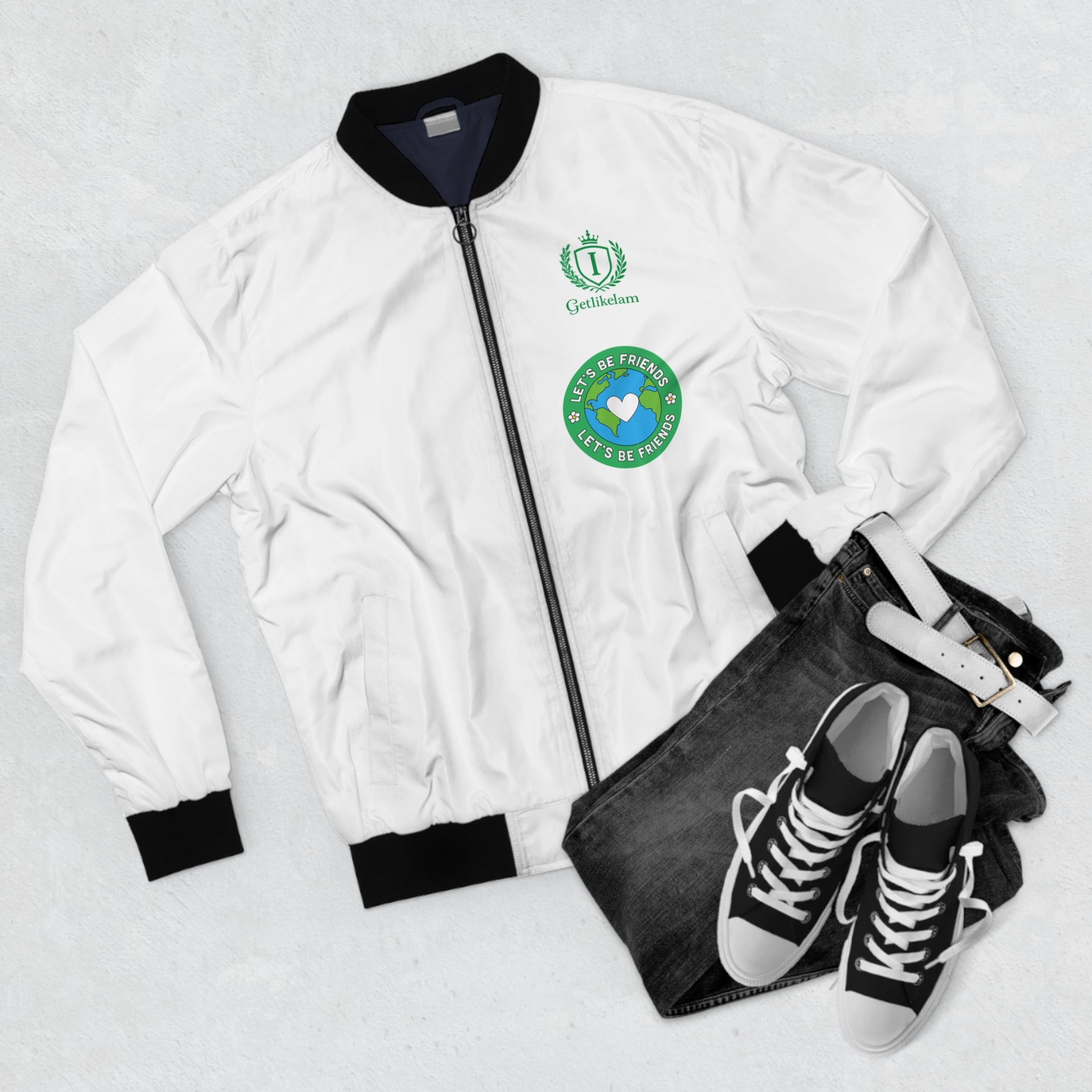 White Bomber Jacket with Green Heart 'Save the Planet' Patch