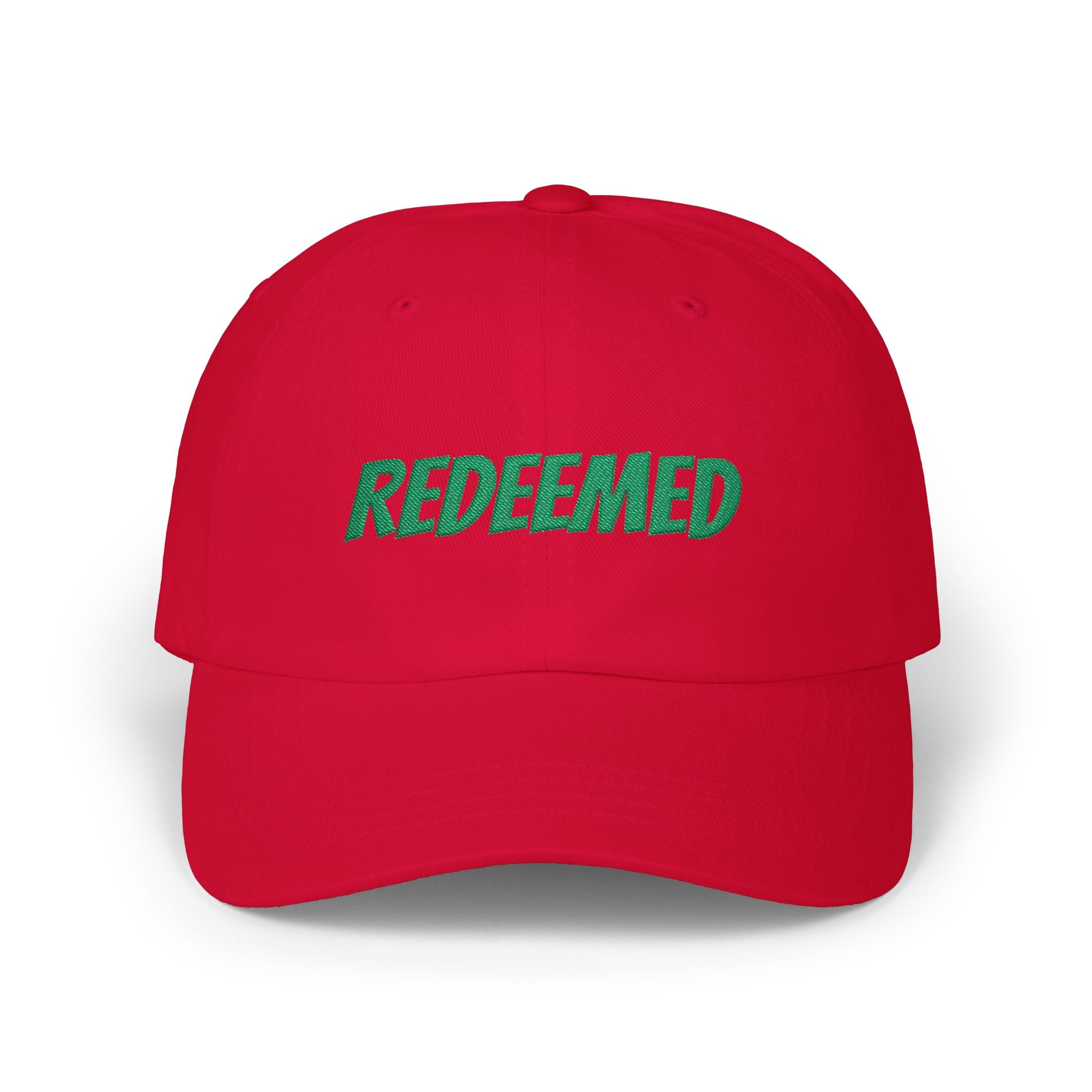 Redeemed Embroidered Dad Cap — White Baseball Hat with Green Script