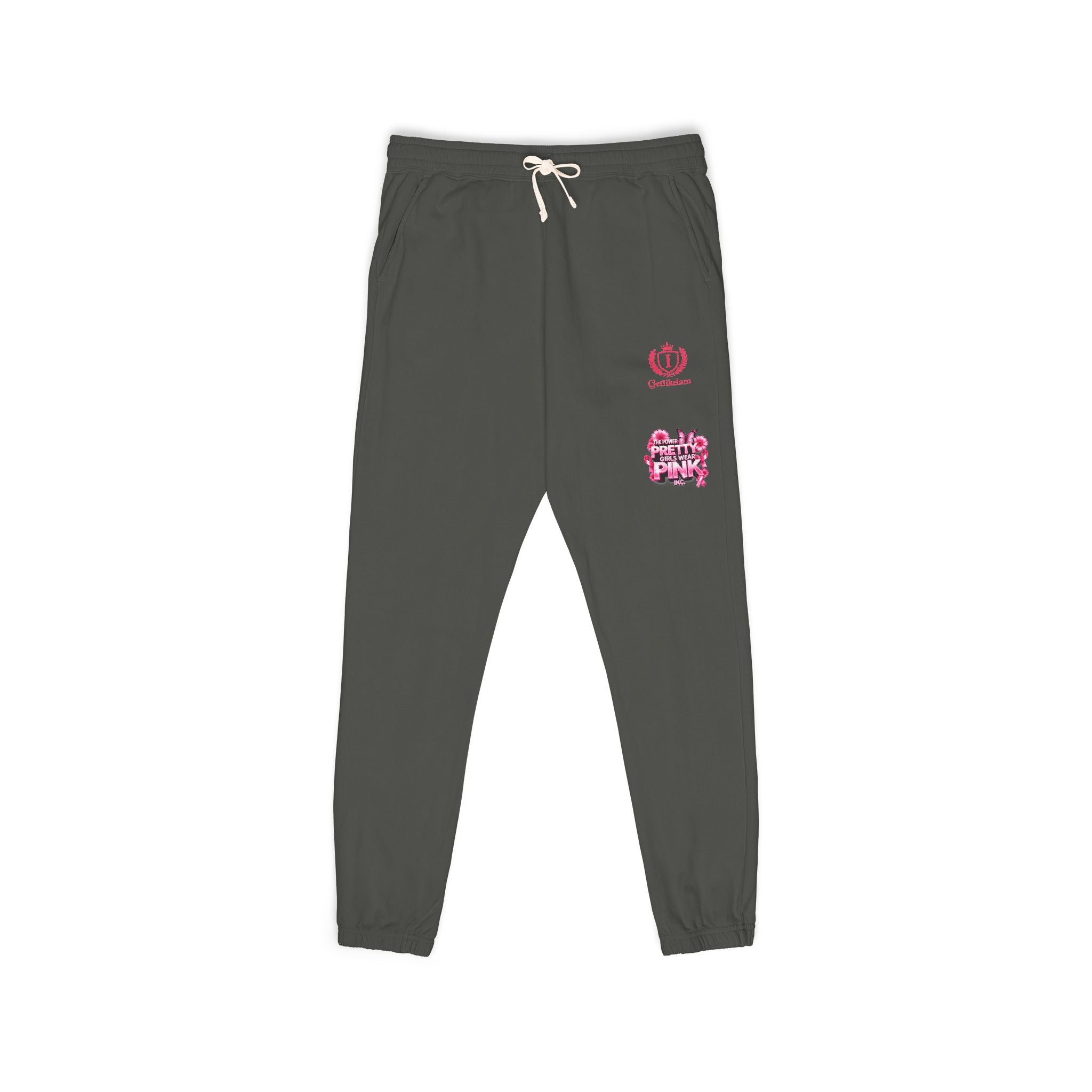 Embroidered Pink Floral Logo Sweatpants — Garment-Dyed Fleece Joggers
