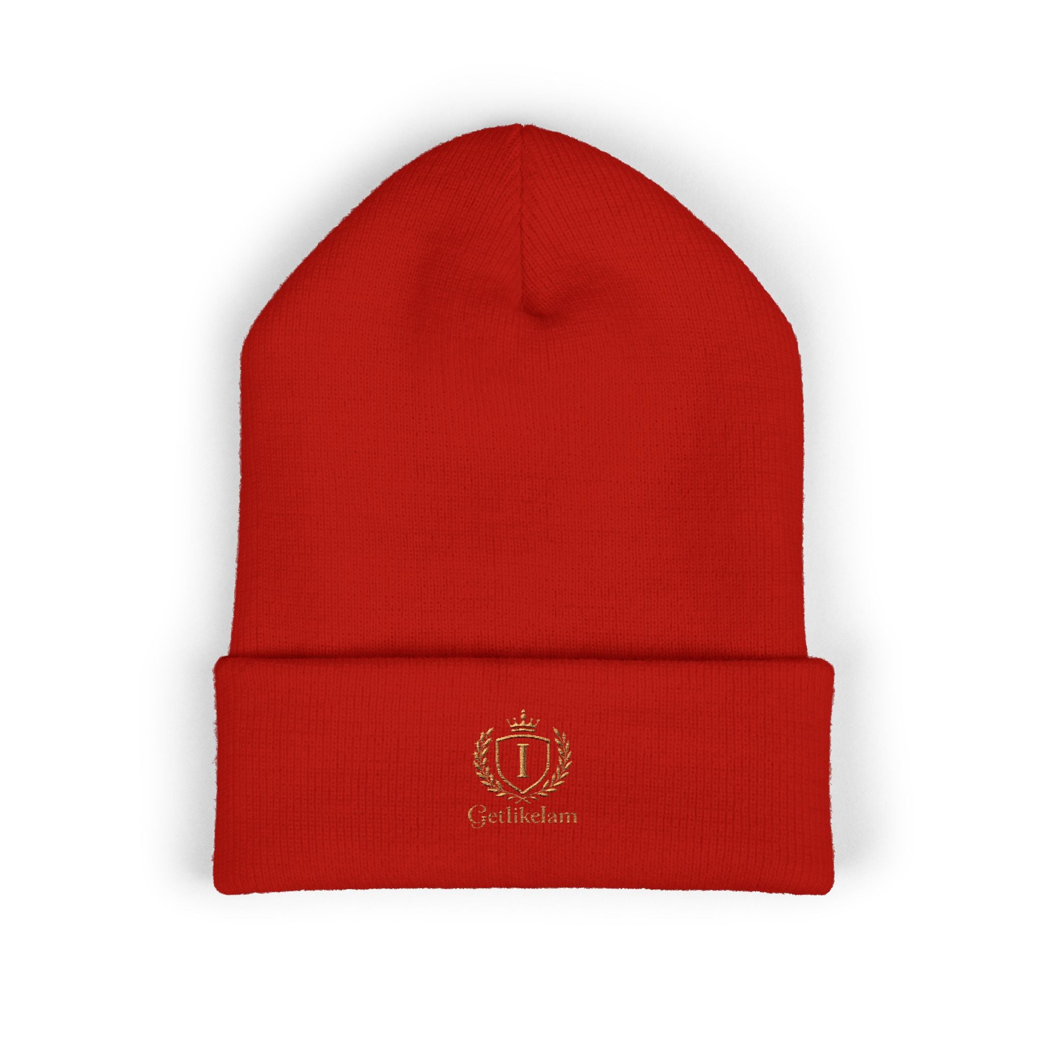 Embroidered Crest Cuffed Beanie — Classic White Knit Hat