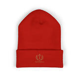Embroidered Crest Cuffed Beanie — Classic White Knit Hat