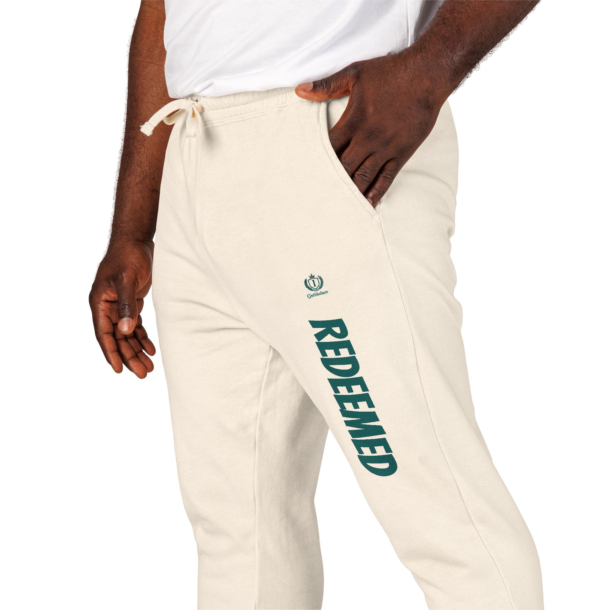 Cream 'Roosevelt' Vertical Logo Sweatpants — Cozy Garment-Dyed Fleece