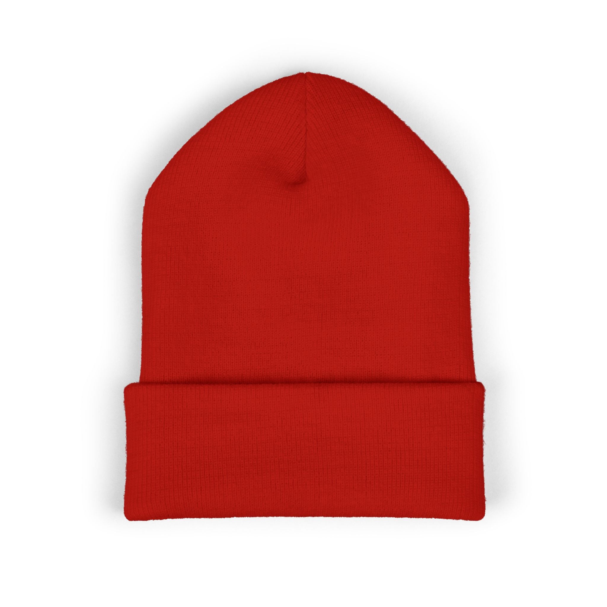 Embroidered Crest Cuffed Beanie — Classic White Knit Hat