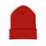 Embroidered Crest Cuffed Beanie — Classic White Knit Hat
