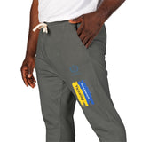 Emblem Brushstroke Sweatpants — Cozy Fleece Joggers with Yellow & Blue Accent