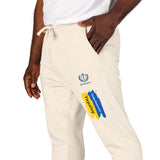Emblem Brushstroke Sweatpants — Cozy Fleece Joggers with Yellow & Blue Accent