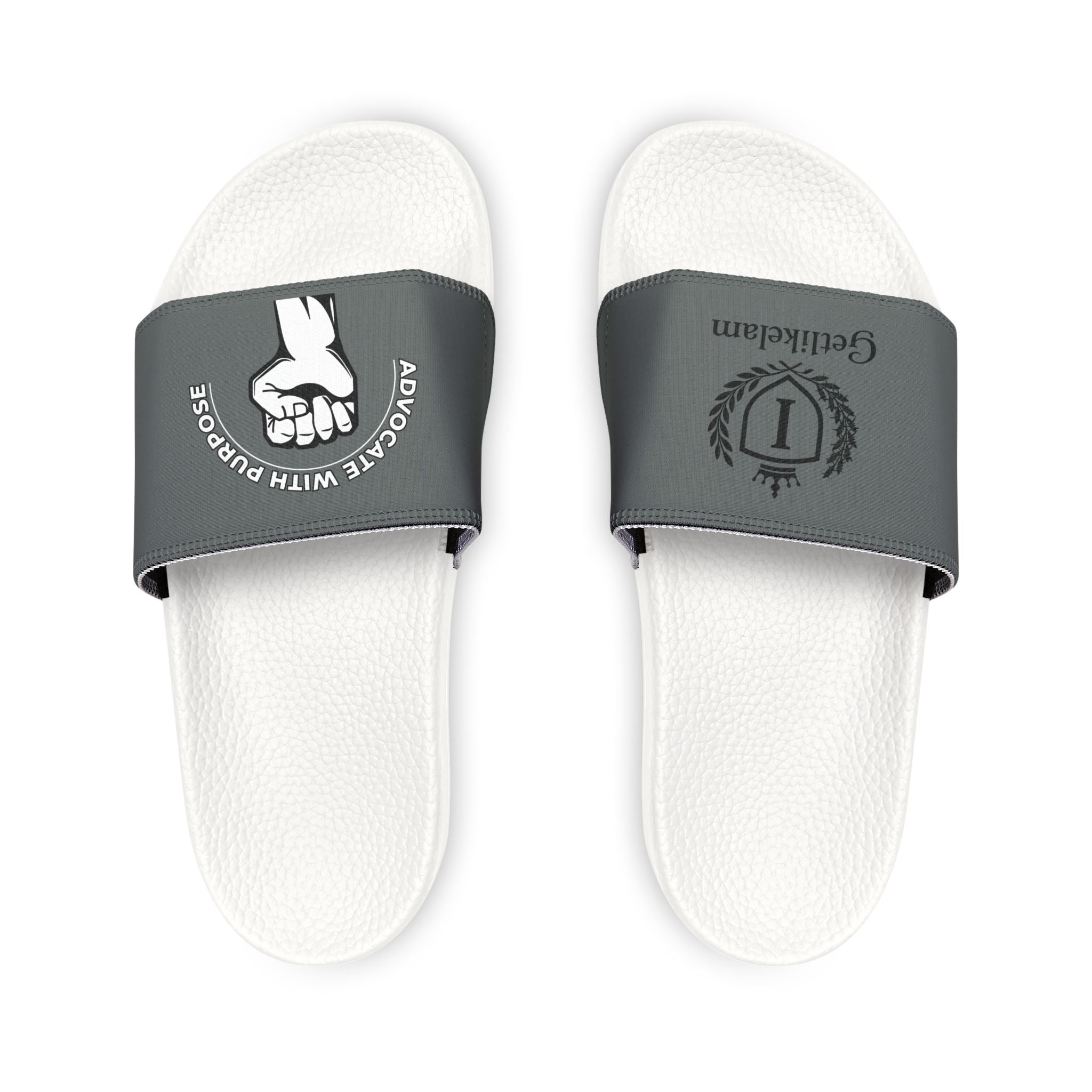 Slide Sandals — White Removable-Strap Slides with Raised Fist Graphic
