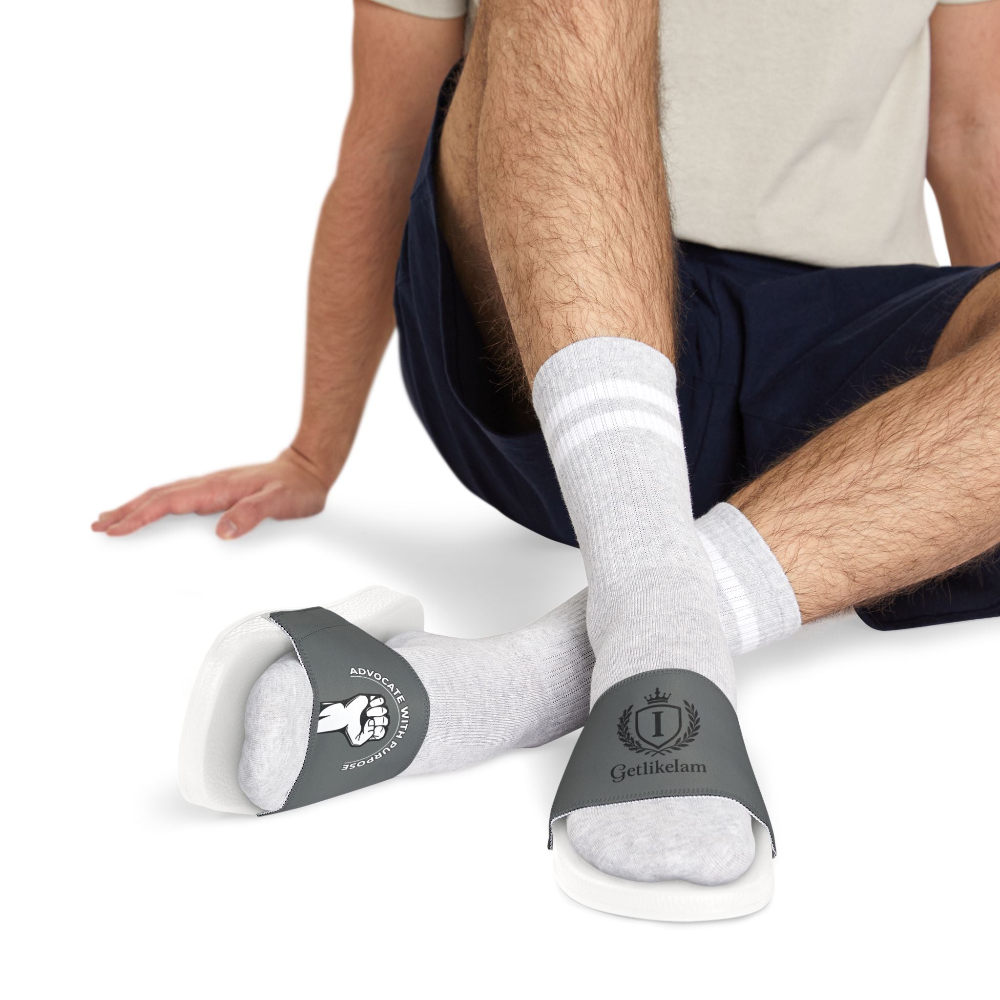 Slide Sandals — White Removable-Strap Slides with Raised Fist Graphic
