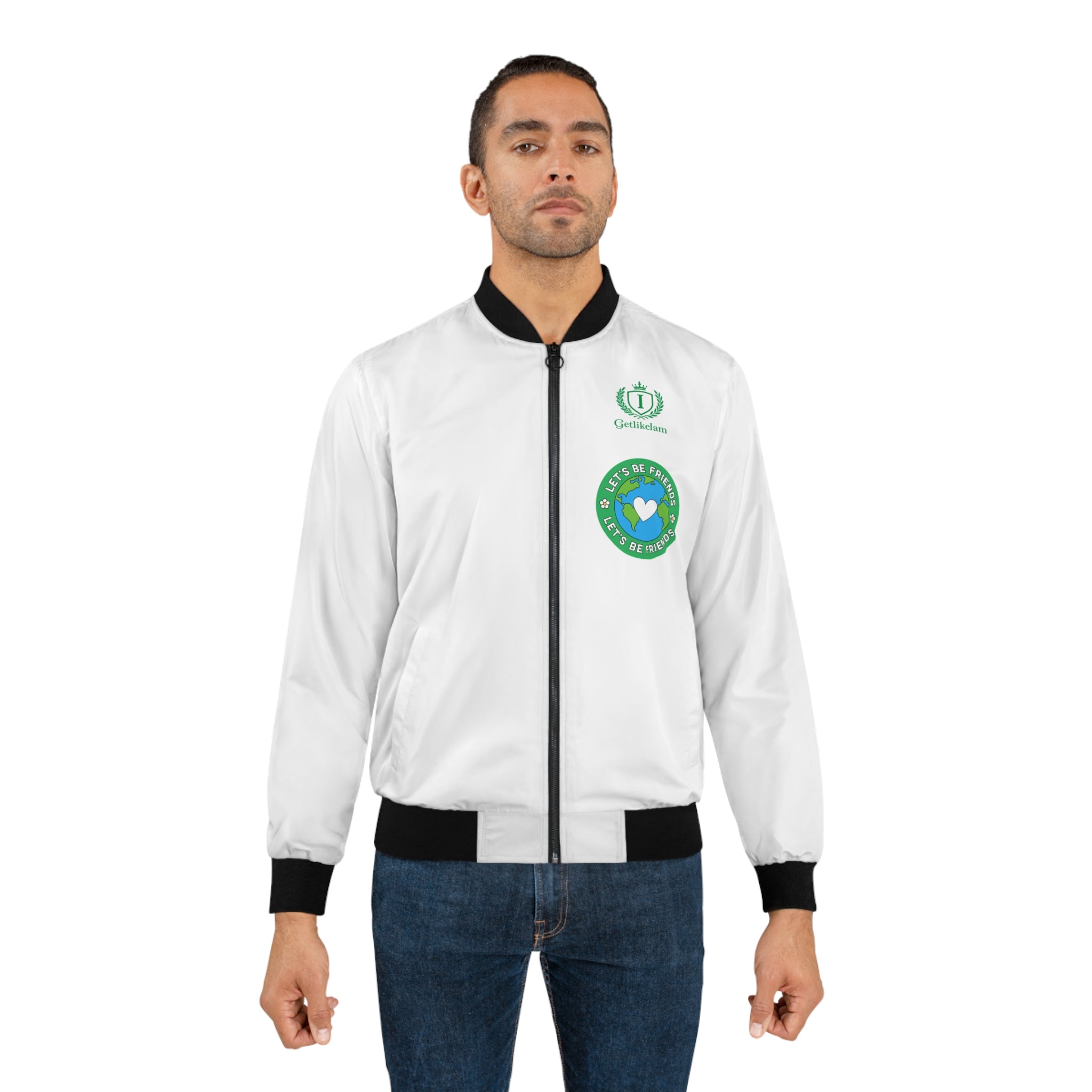 White Bomber Jacket with Green Heart 'Save the Planet' Patch