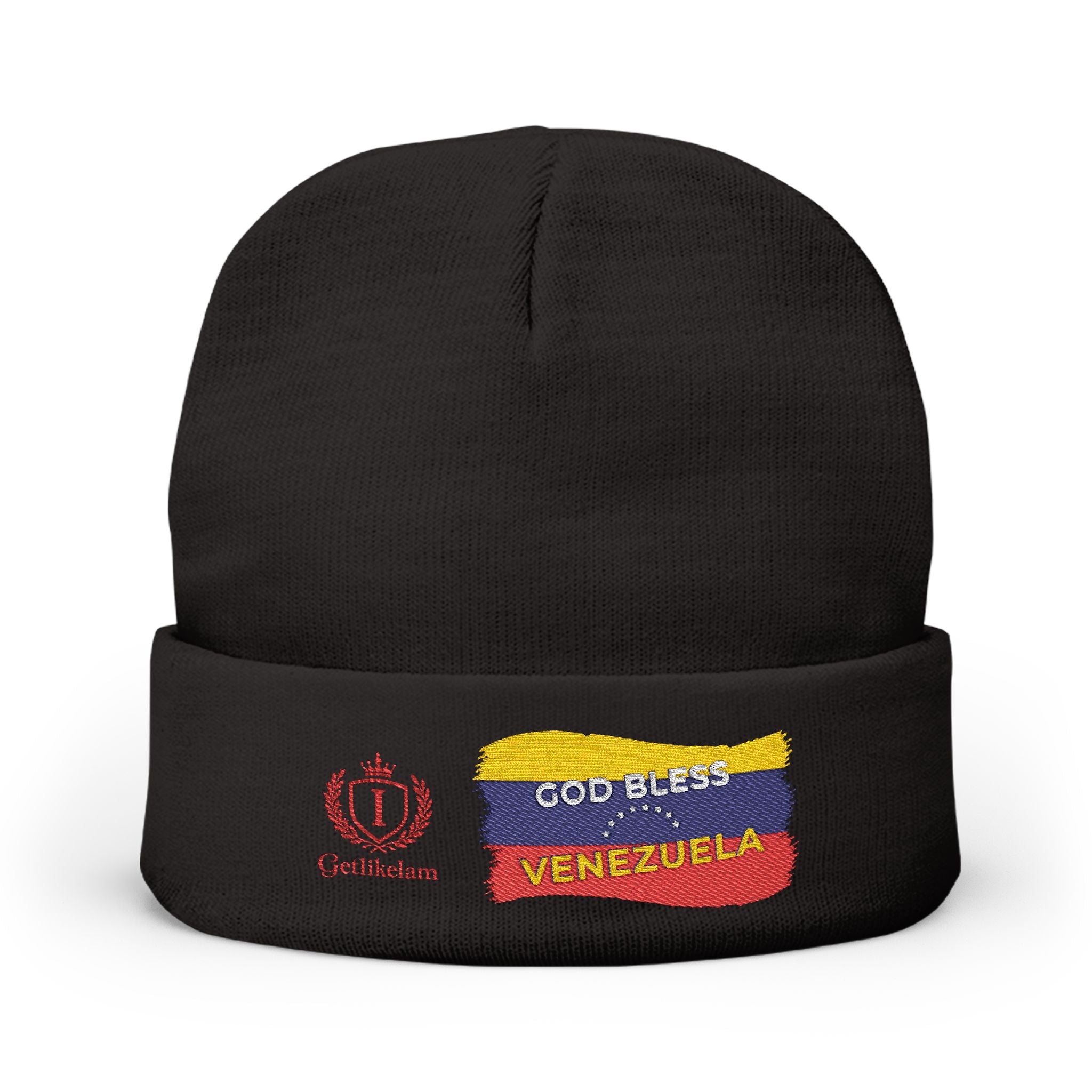 Embroidered "God Bless Venezuela" Knit Beanie — Flag Stripe Winter Hat