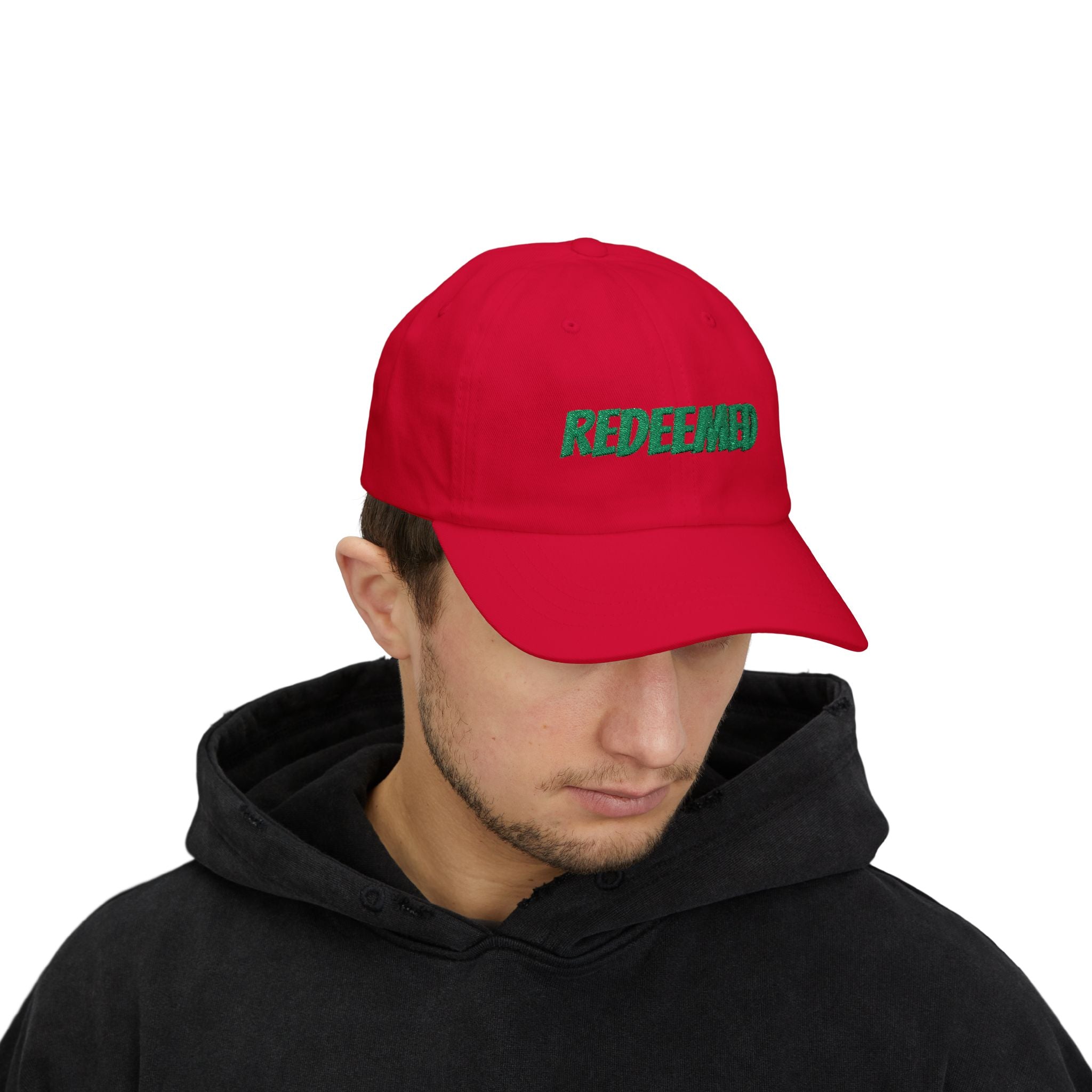Redeemed Embroidered Dad Cap — White Baseball Hat with Green Script