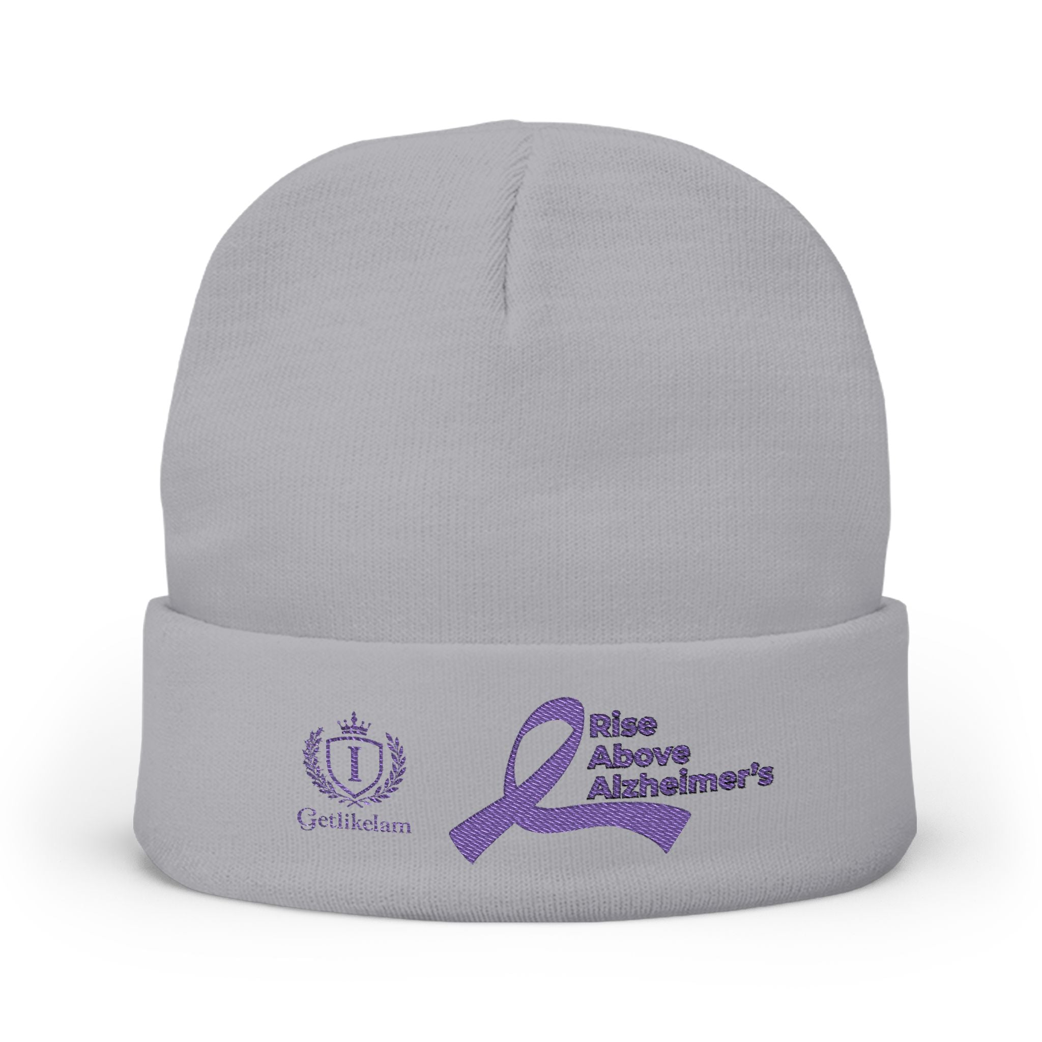 Alzheimer's Awareness Knit Beanie - Purple Ribbon Embroidered