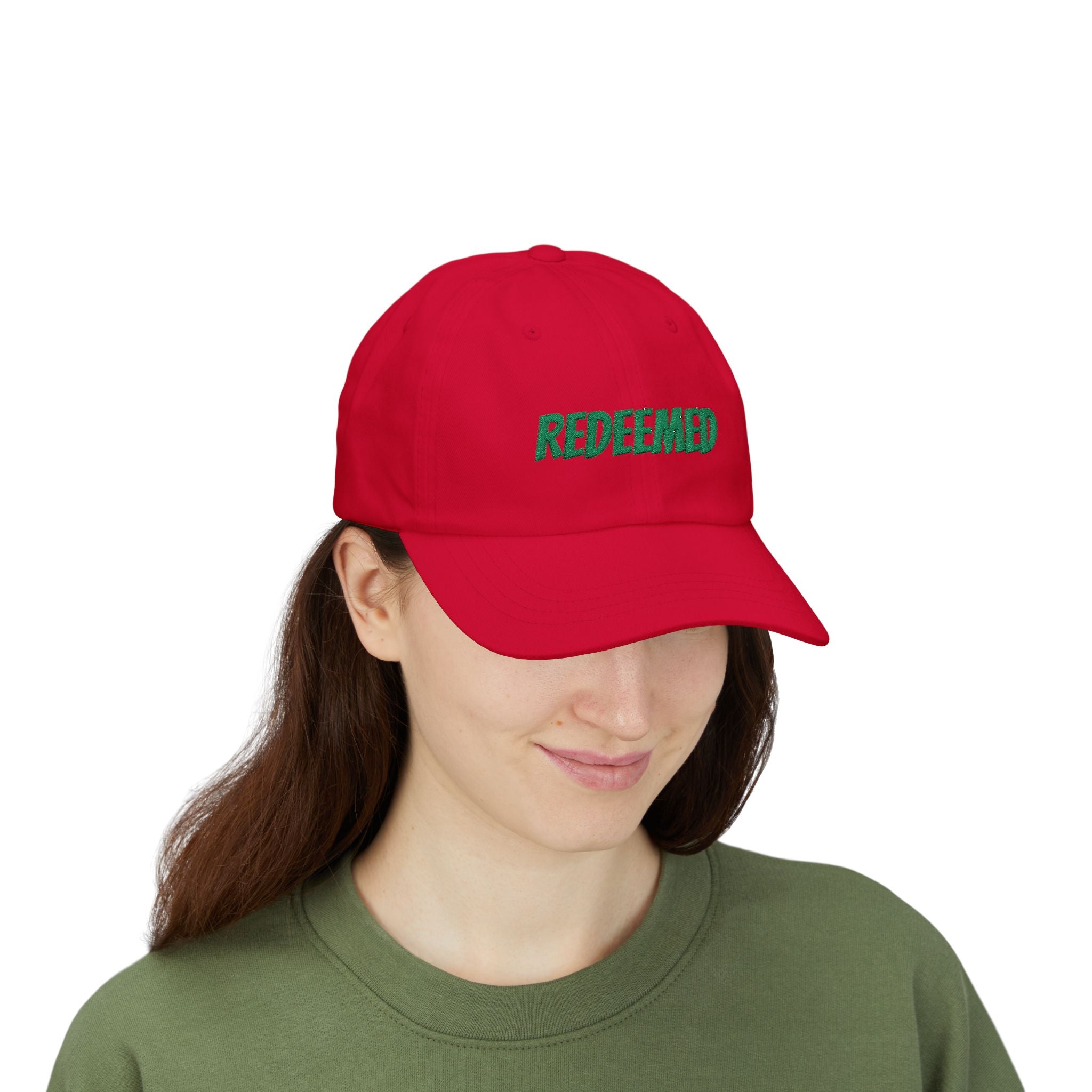 Redeemed Embroidered Dad Cap — White Baseball Hat with Green Script